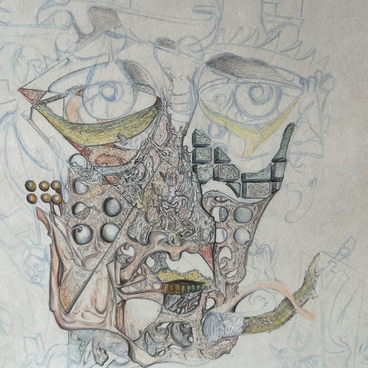 Marcel Signed Surrealist Pencil and Colored Pencil Drawing, 1968