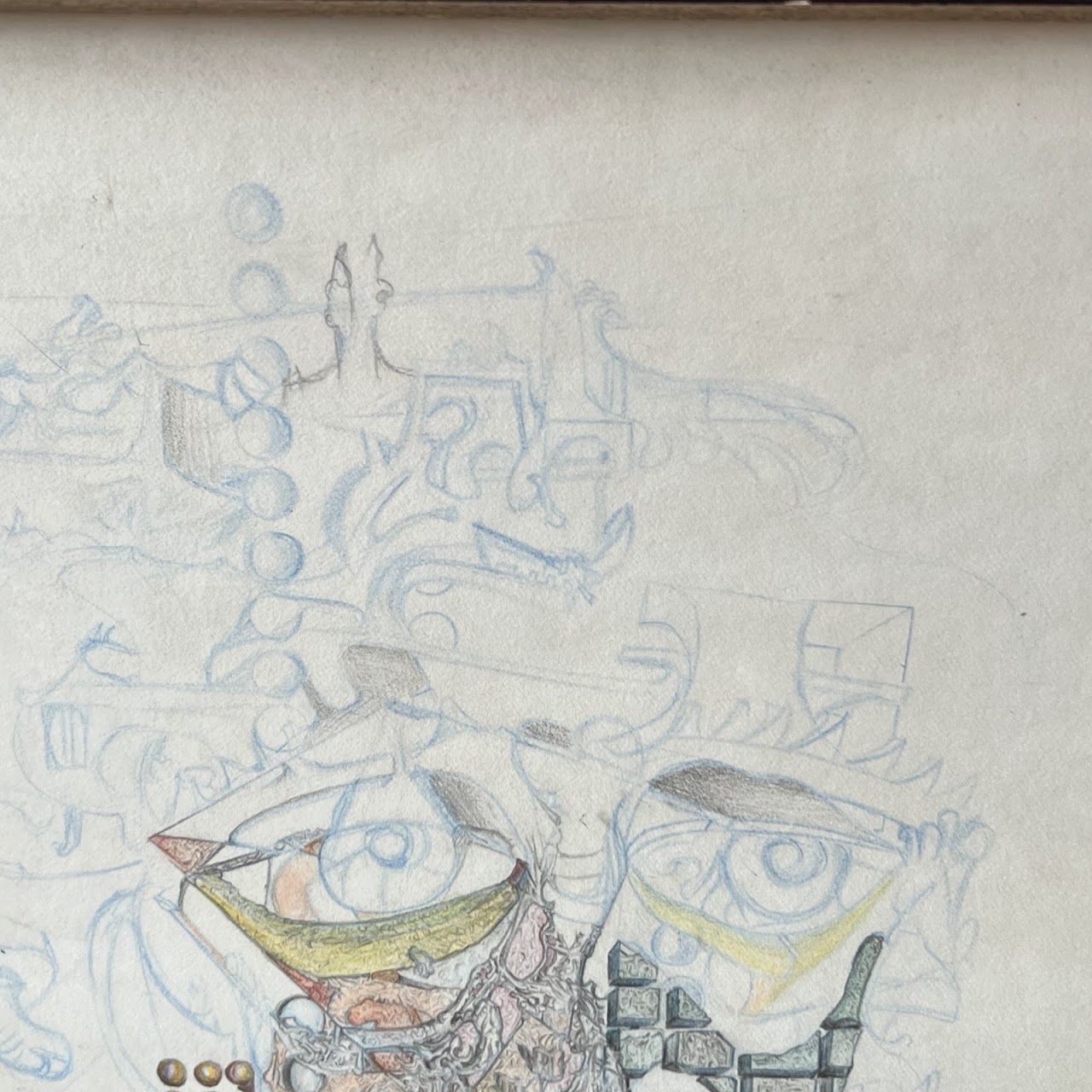 Marcel Signed Surrealist Pencil and Colored Pencil Drawing, 1968