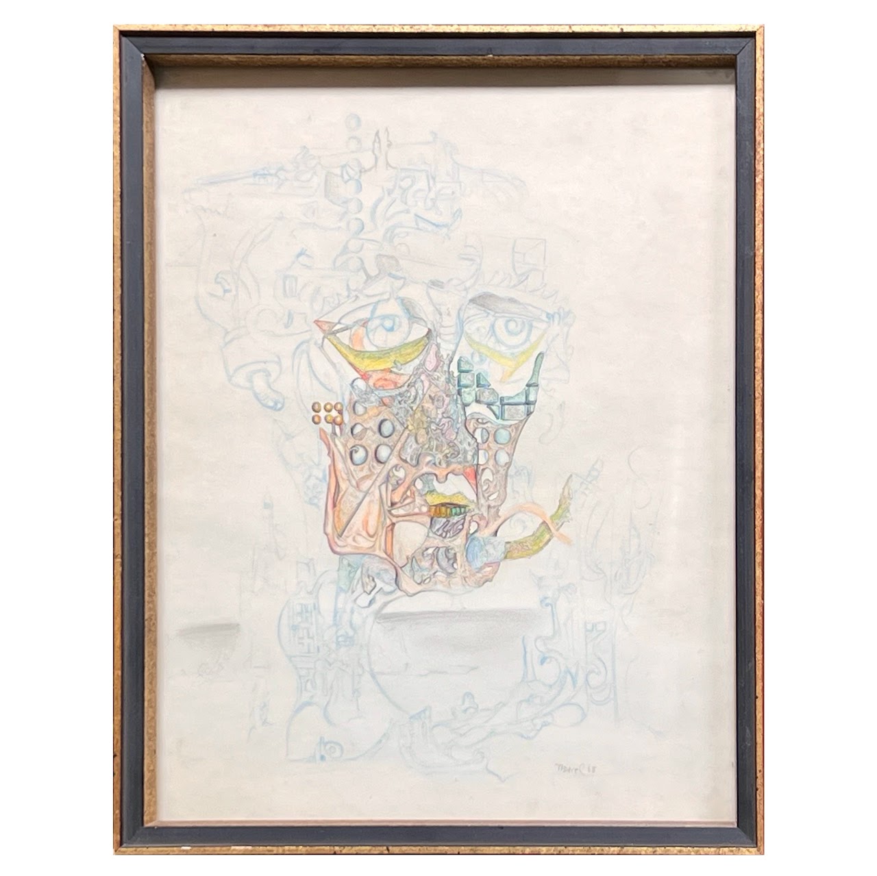 Marcel Signed Surrealist Pencil and Colored Pencil Drawing, 1968