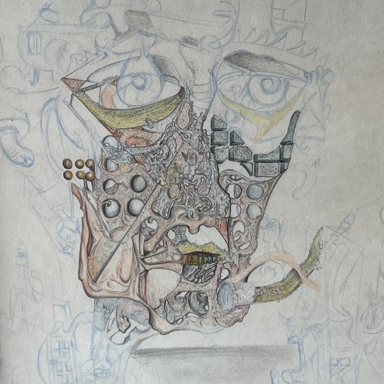 Marcel Signed Surrealist Pencil and Colored Pencil Drawing, 1968