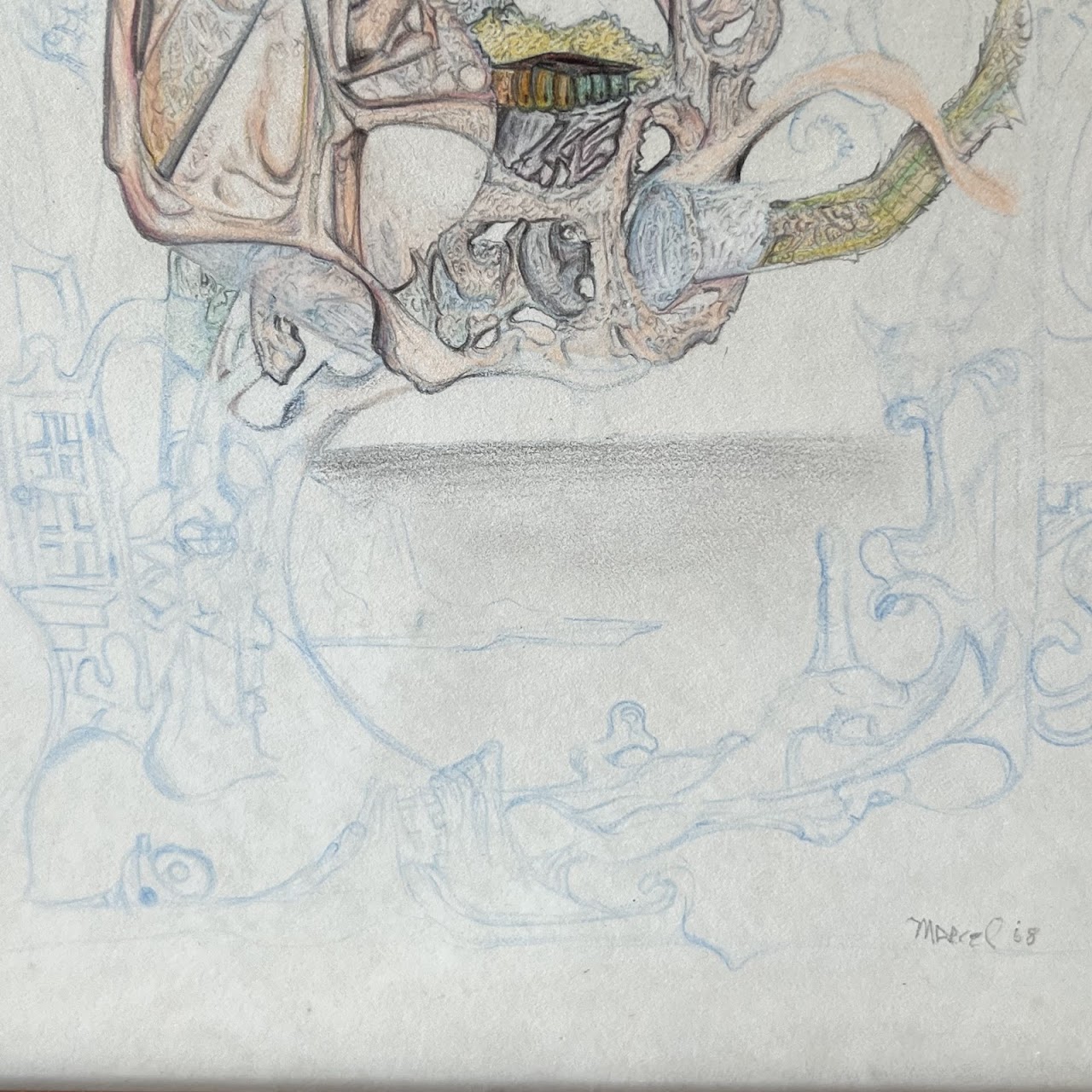 Marcel Signed Surrealist Pencil and Colored Pencil Drawing, 1968