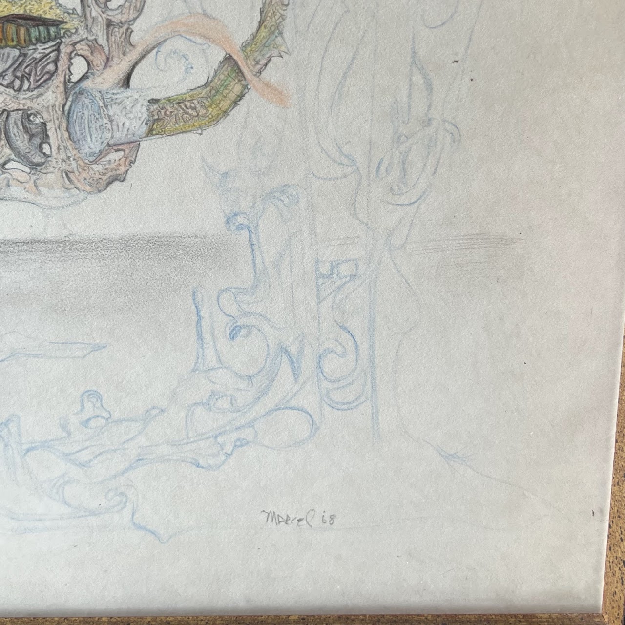 Marcel Signed Surrealist Pencil and Colored Pencil Drawing, 1968