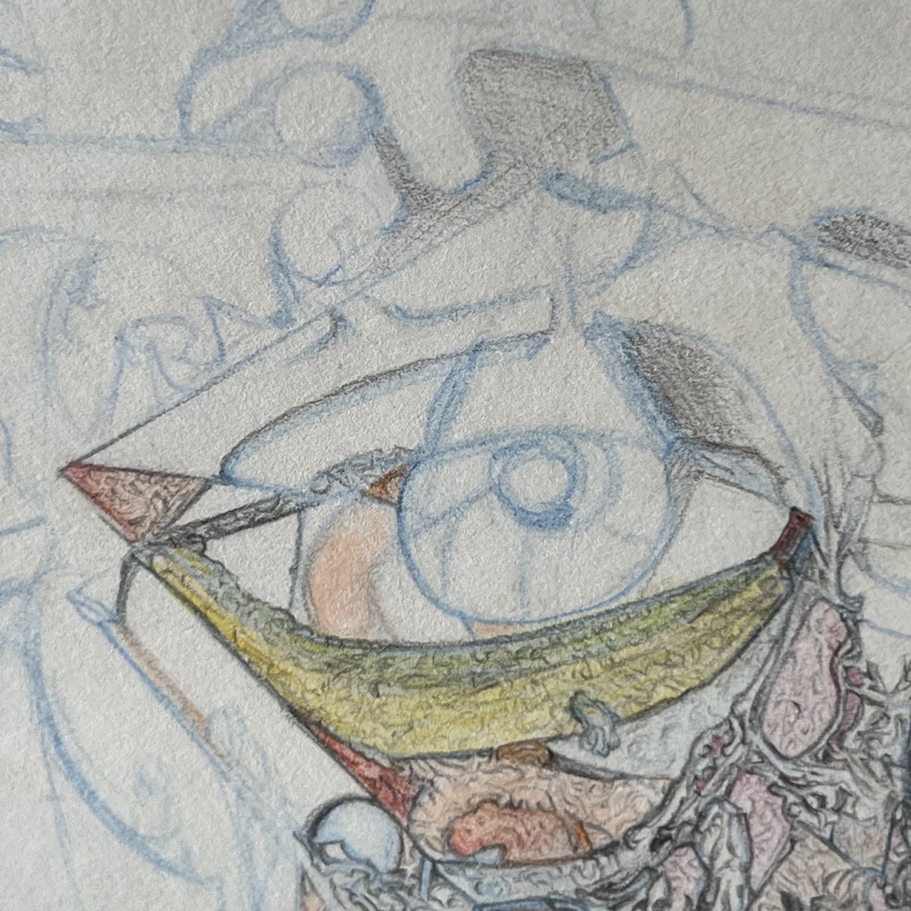 Marcel Signed Surrealist Pencil and Colored Pencil Drawing, 1968