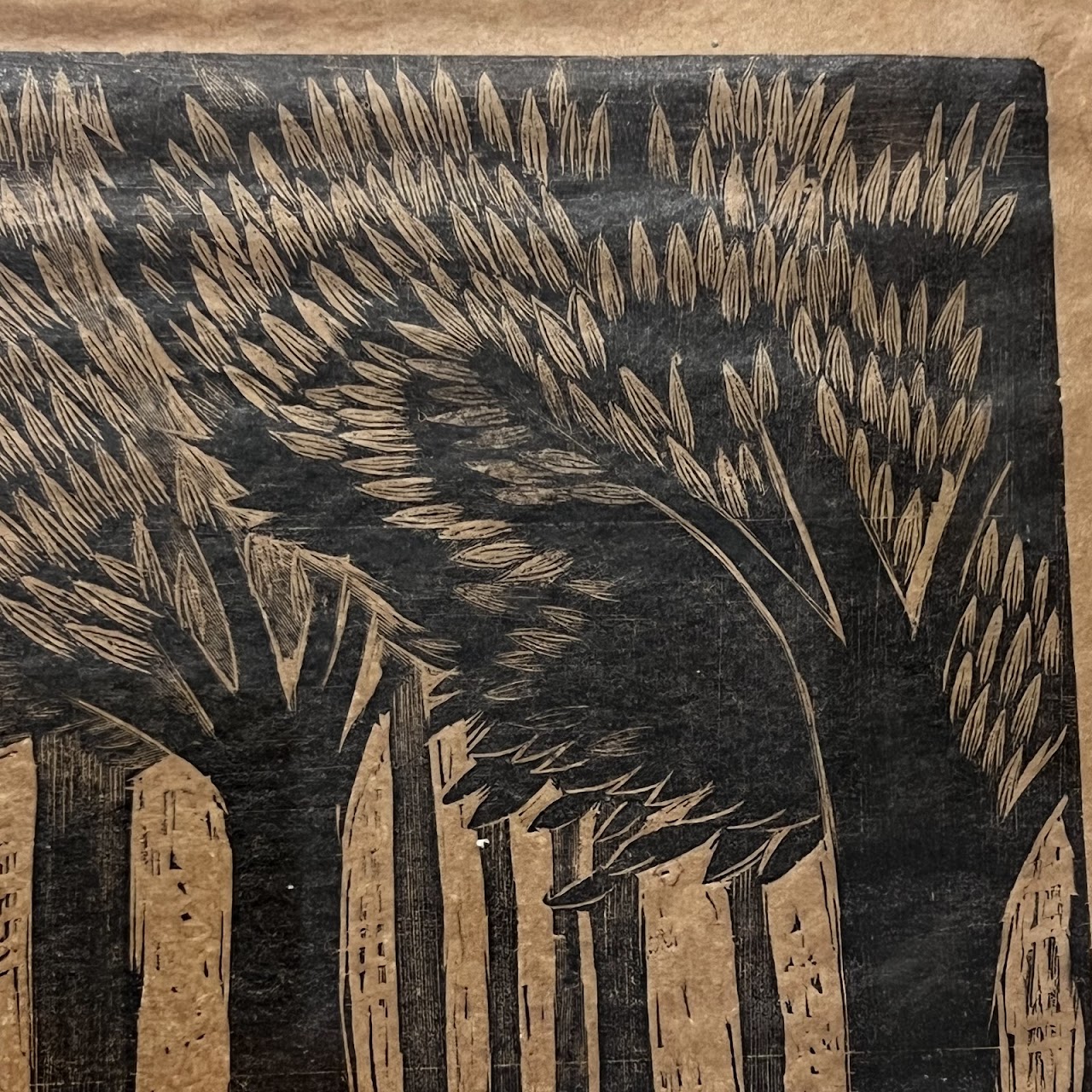 German Modernist Style Signed Forest Scene Woodcut, 1977