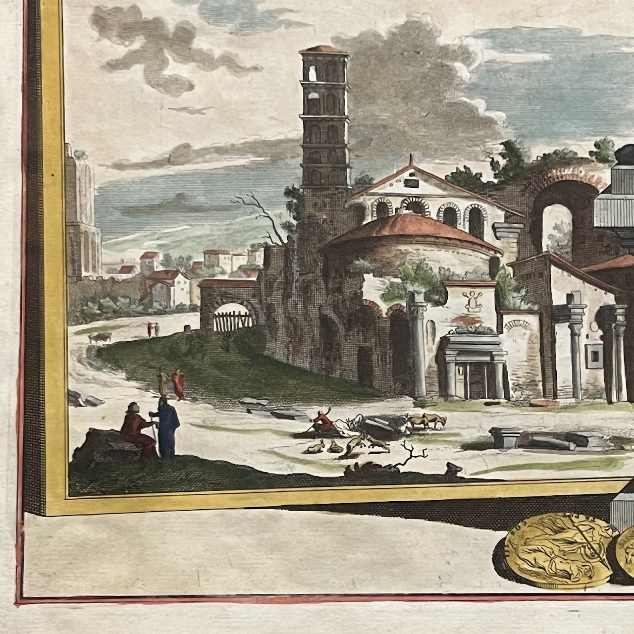 Early 18th C. Jan Goeree 'Temple of Romulus' Hand-Colored Engraving