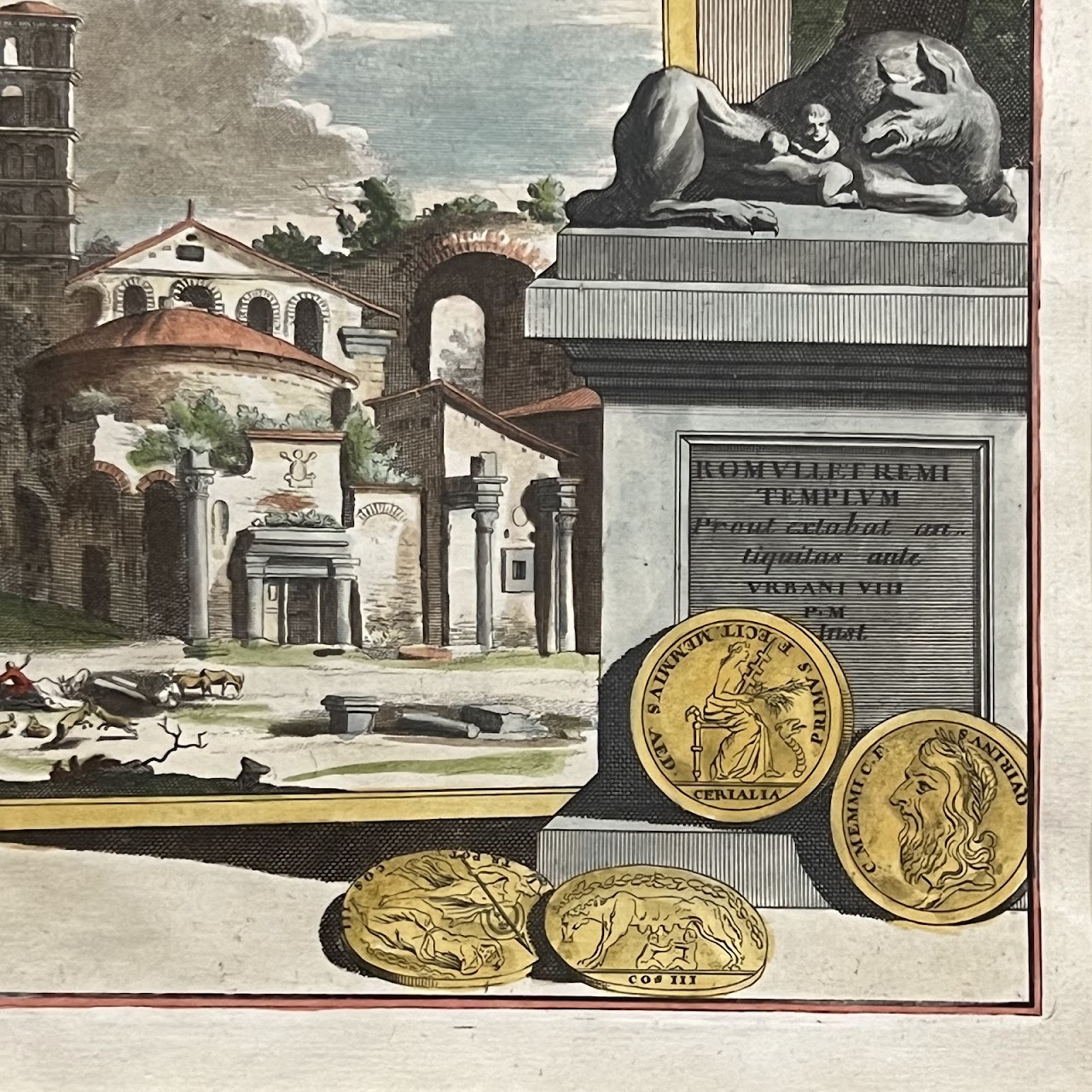 Early 18th C. Jan Goeree 'Temple of Romulus' Hand-Colored Engraving