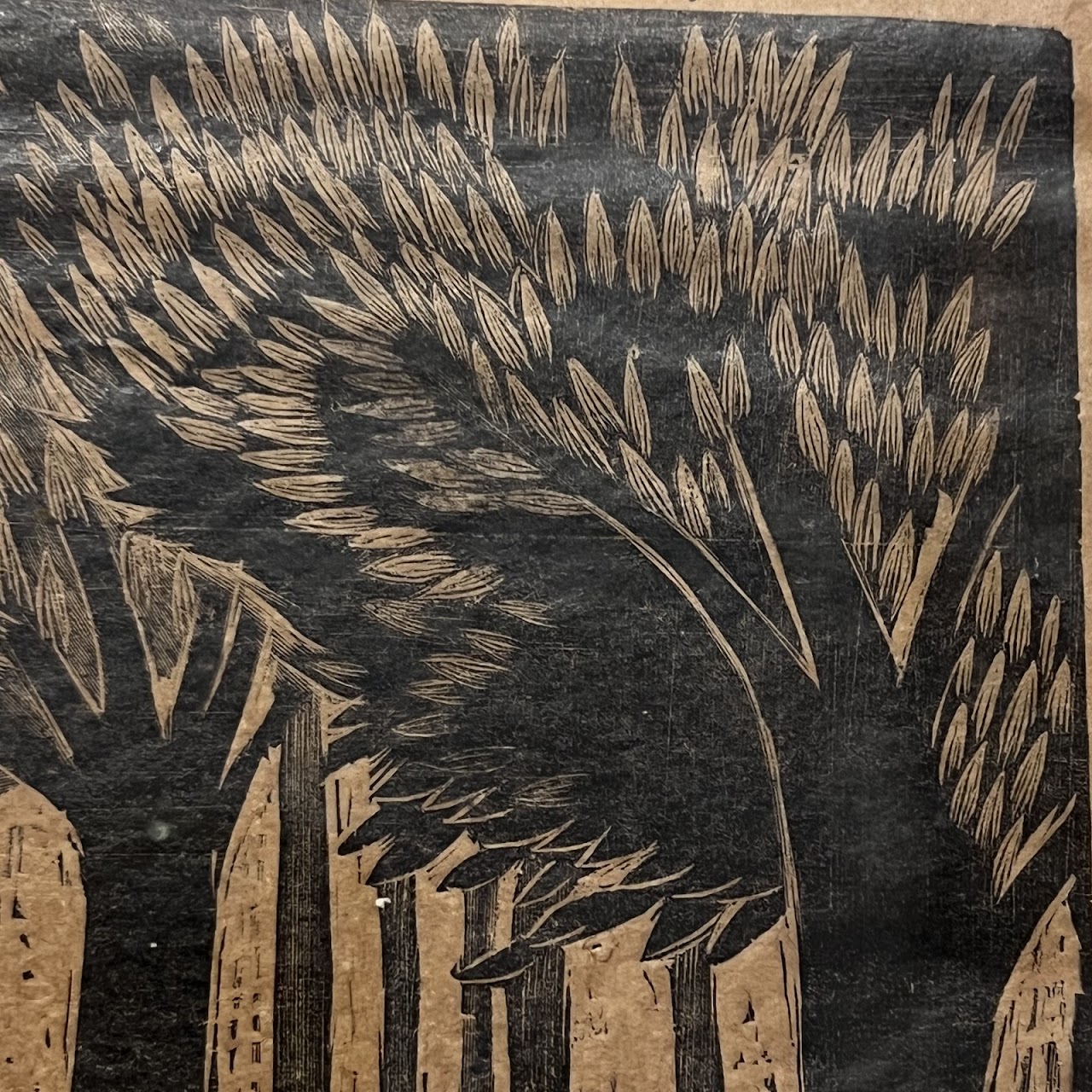 German Modernist Style Signed Forest Scene Woodcut, 1977