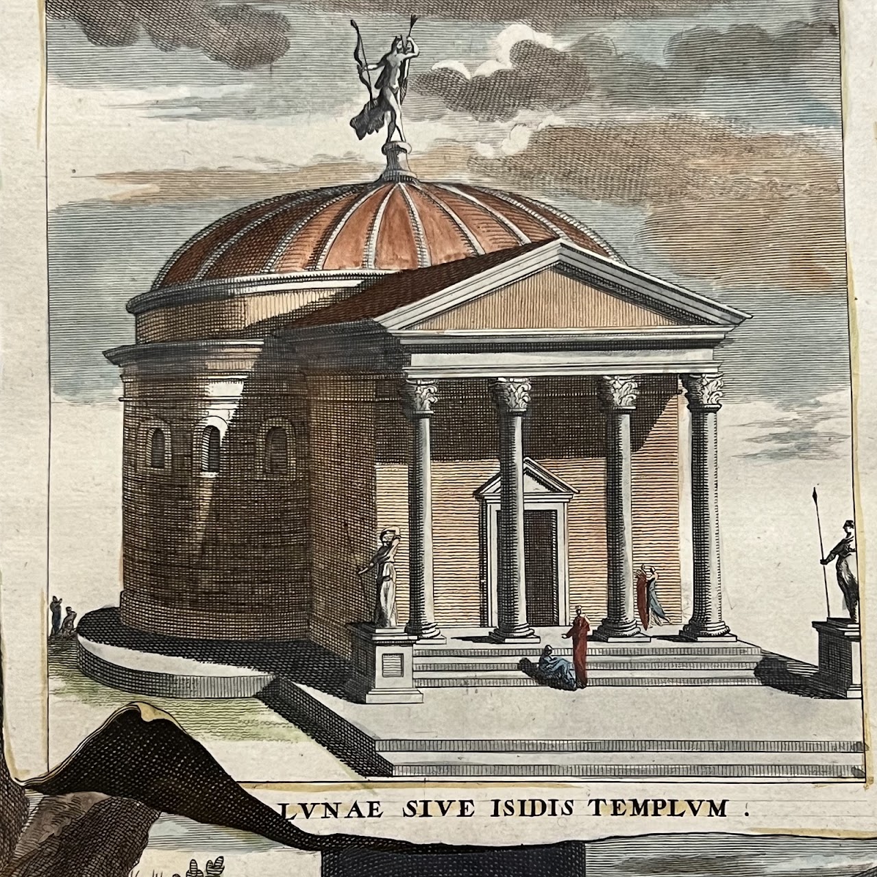 Early 18th C. Jan Goeree 'Temple of the Moon in the Roman Forum' Hand-Colored Engraving