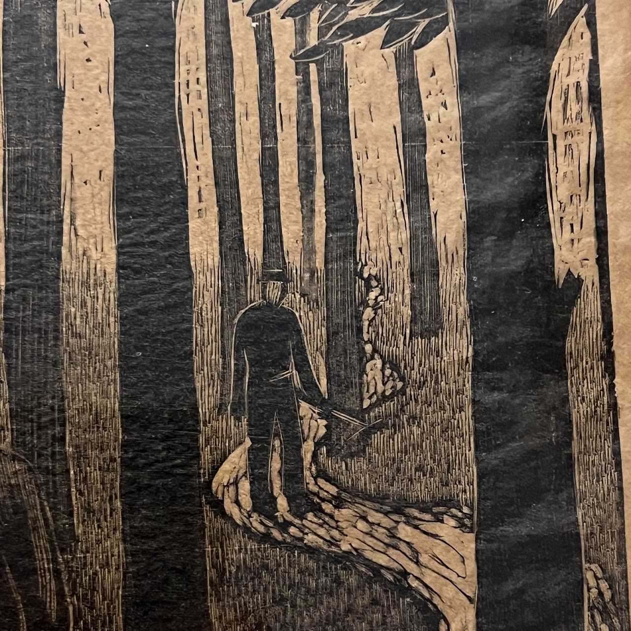 German Modernist Style Signed Forest Scene Woodcut, 1977