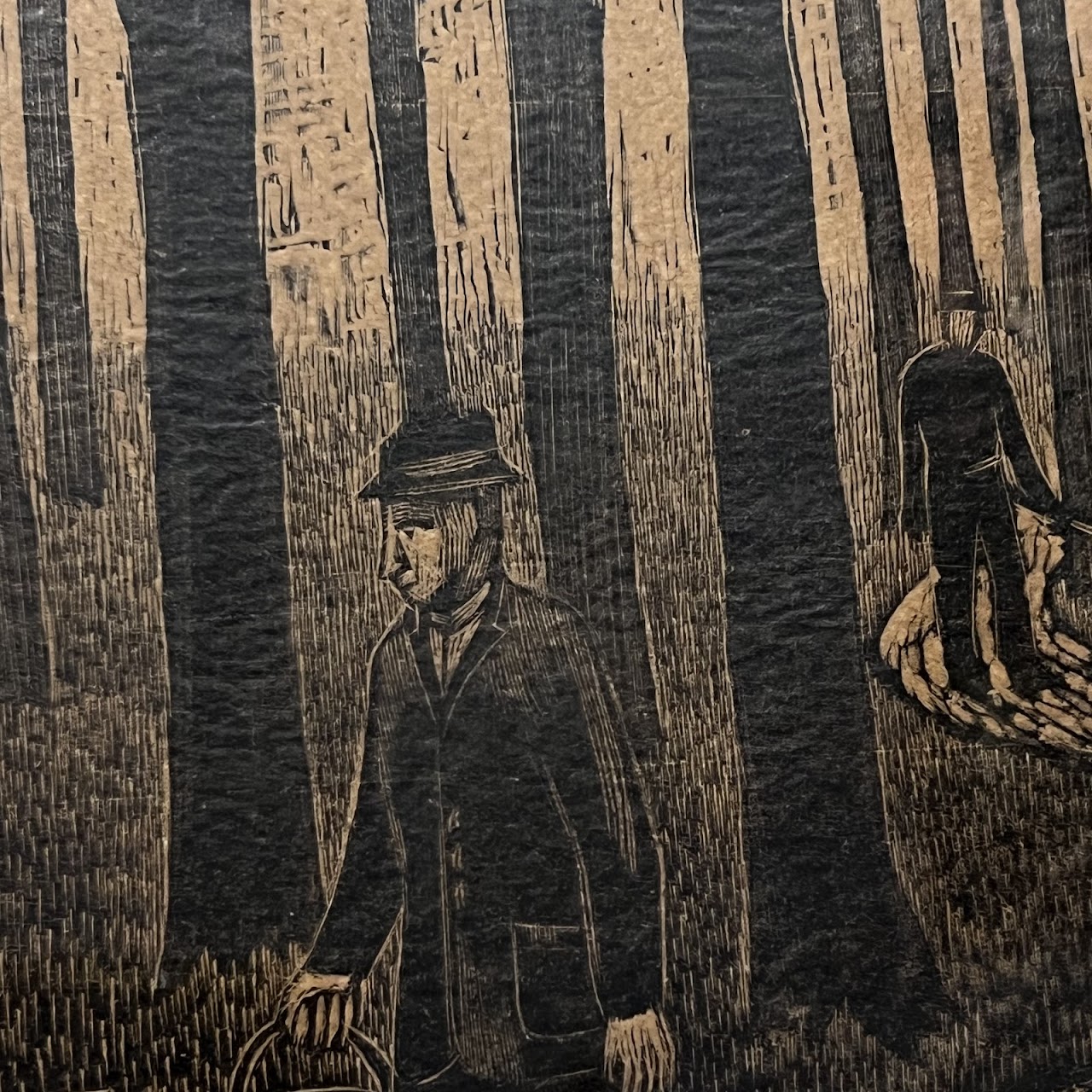 German Modernist Style Signed Forest Scene Woodcut, 1977