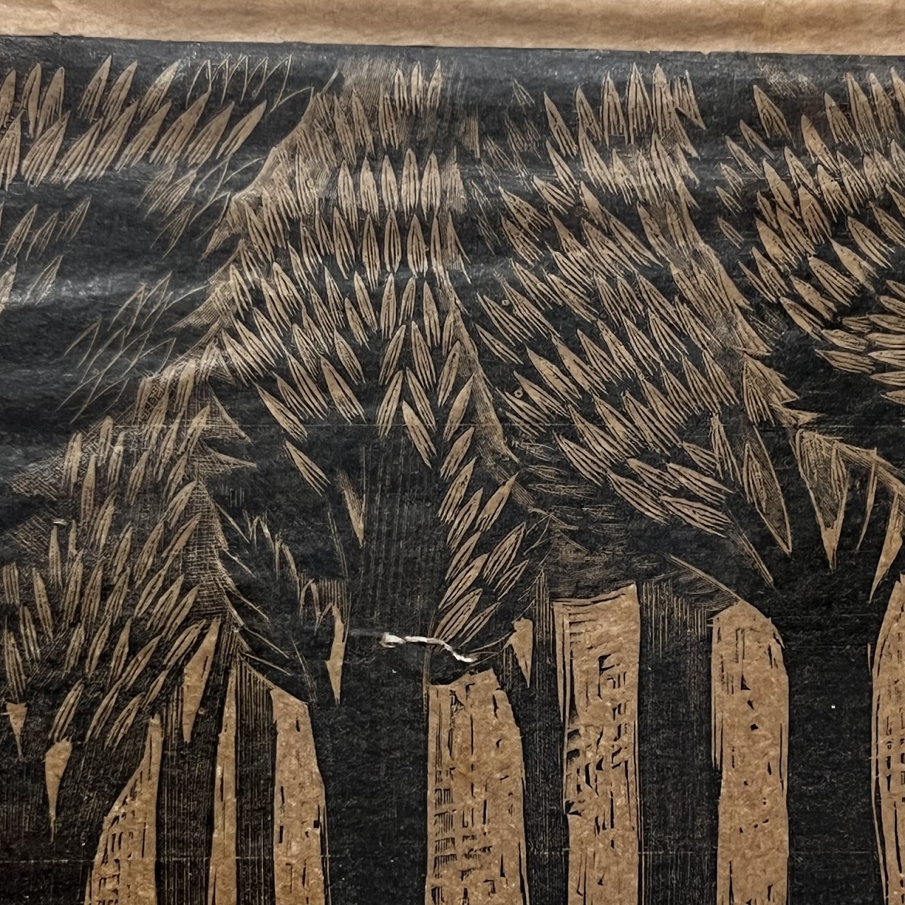 German Modernist Style Signed Forest Scene Woodcut, 1977