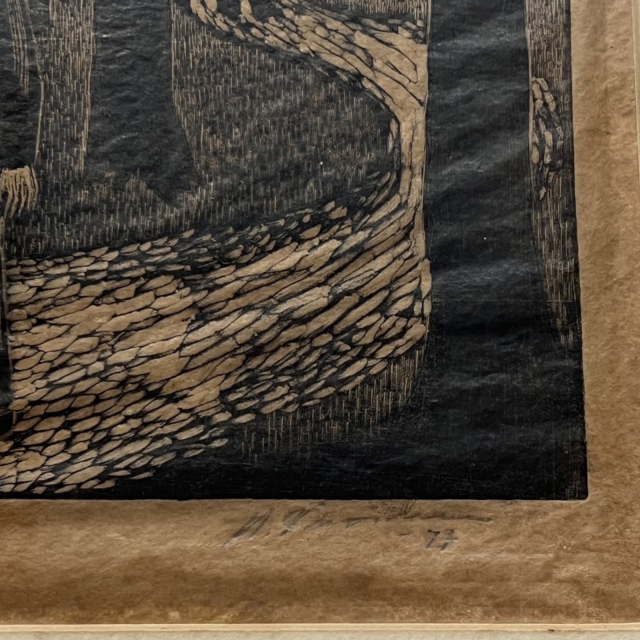 German Modernist Style Signed Forest Scene Woodcut, 1977