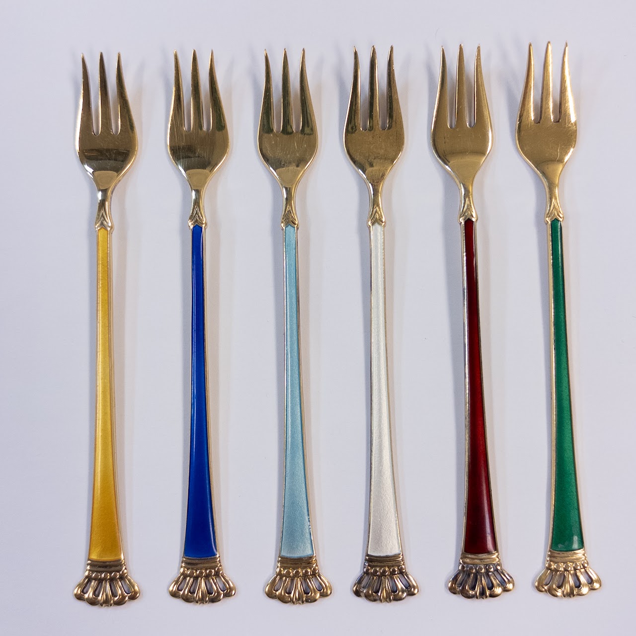 Sterling Silver and Enamel Mid-Century Cocktail Fork Set