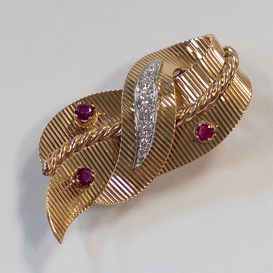 14K Gold, Ruby, and Diamond Brooch