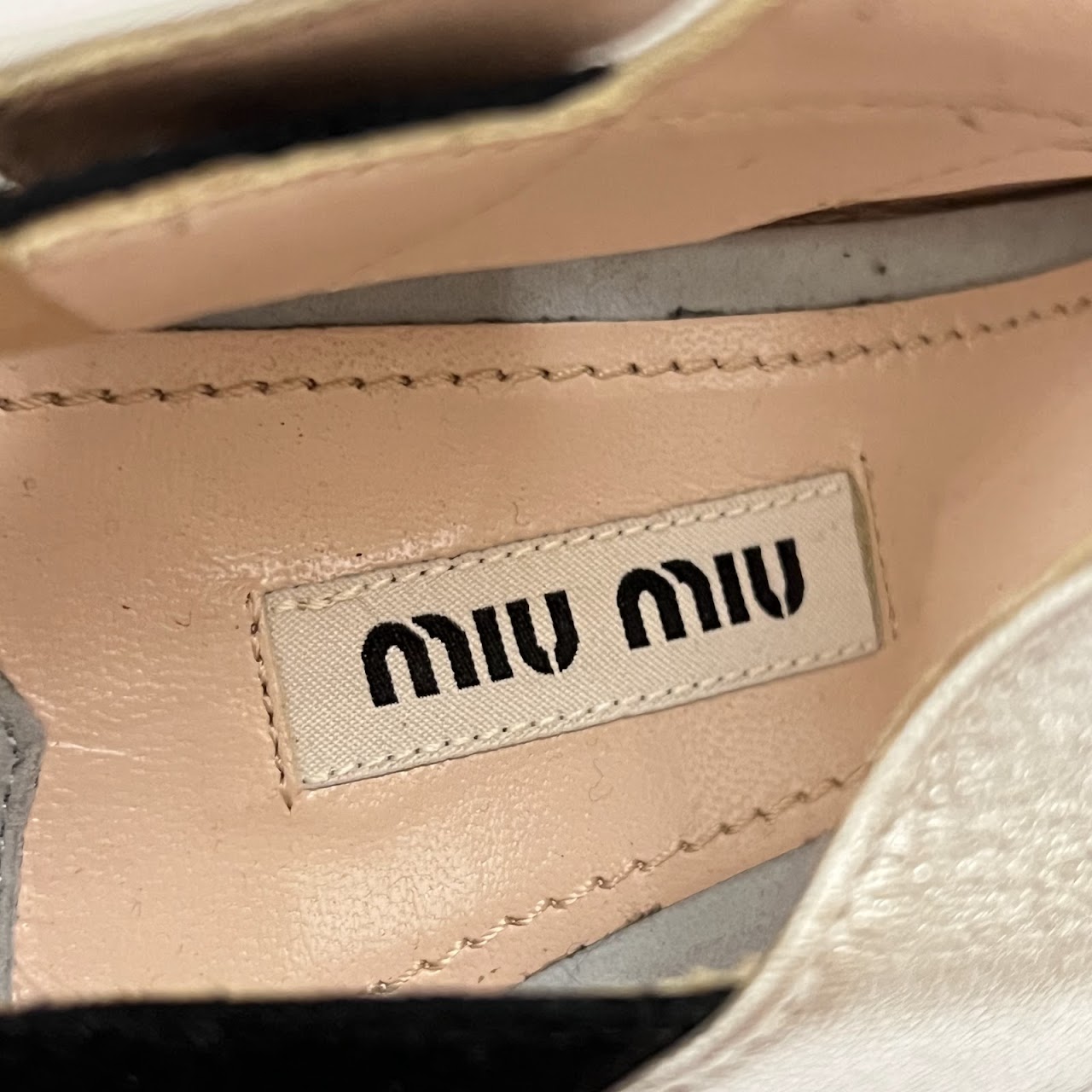 Miu Miu Tri-Color Leather and Suede Peep-Toe T-Strap Heels