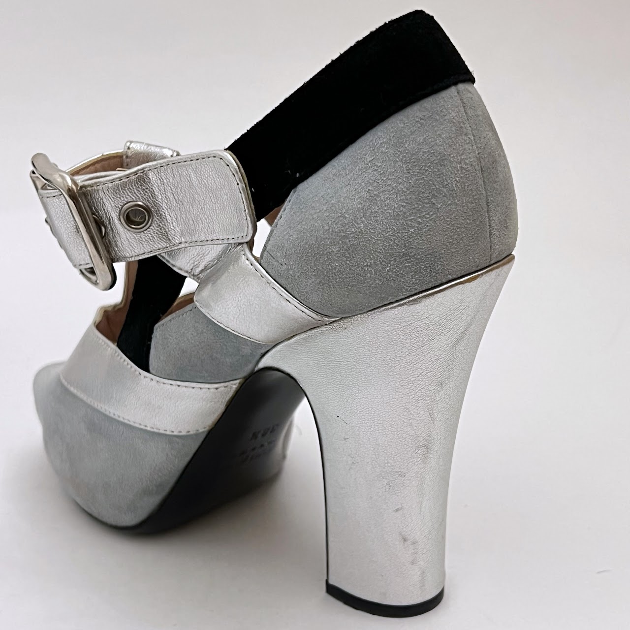 Miu Miu Tri-Color Leather and Suede Peep-Toe T-Strap Heels