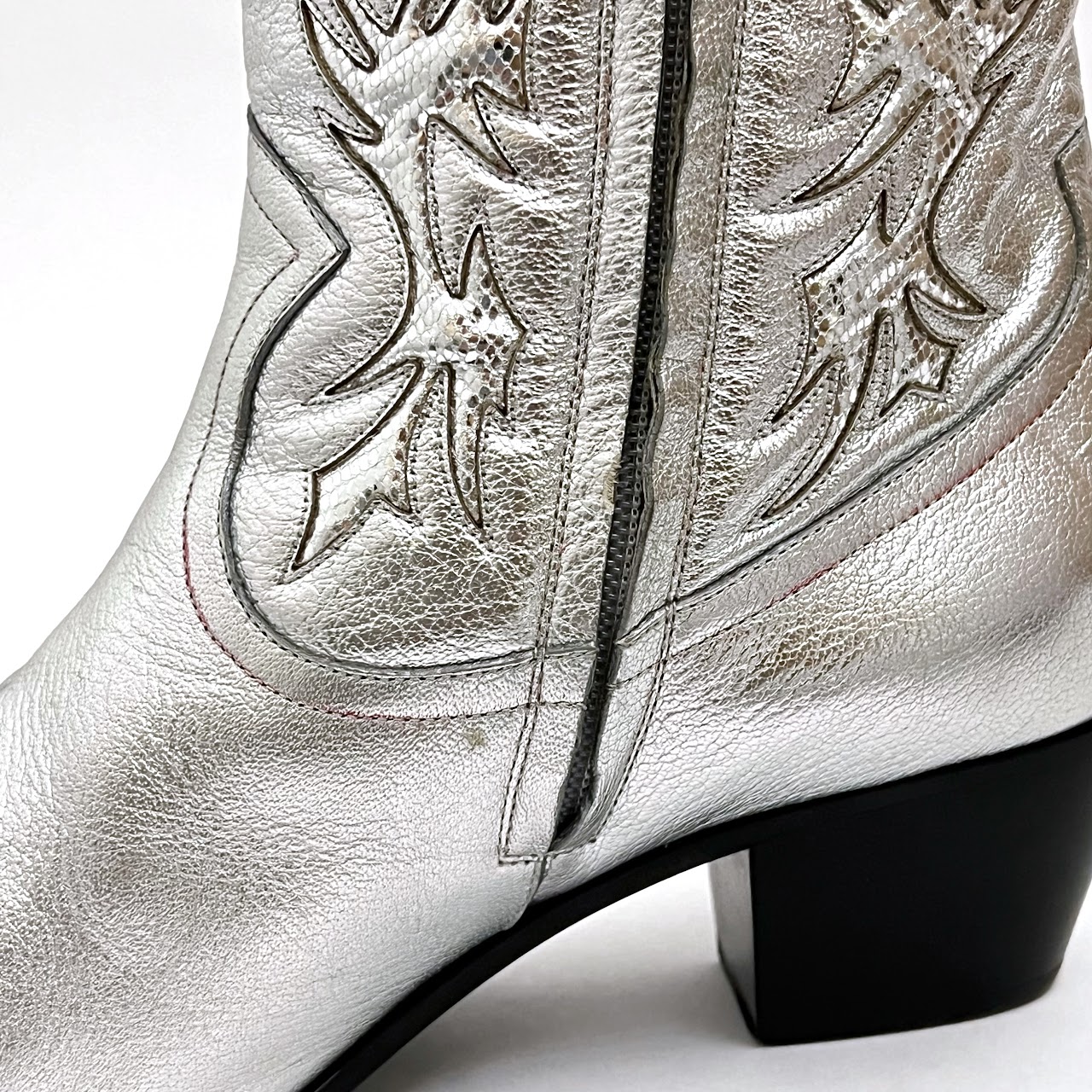 Yves Saint Laurent Silver Leather Rock 40 Cowboy Ankle Boots