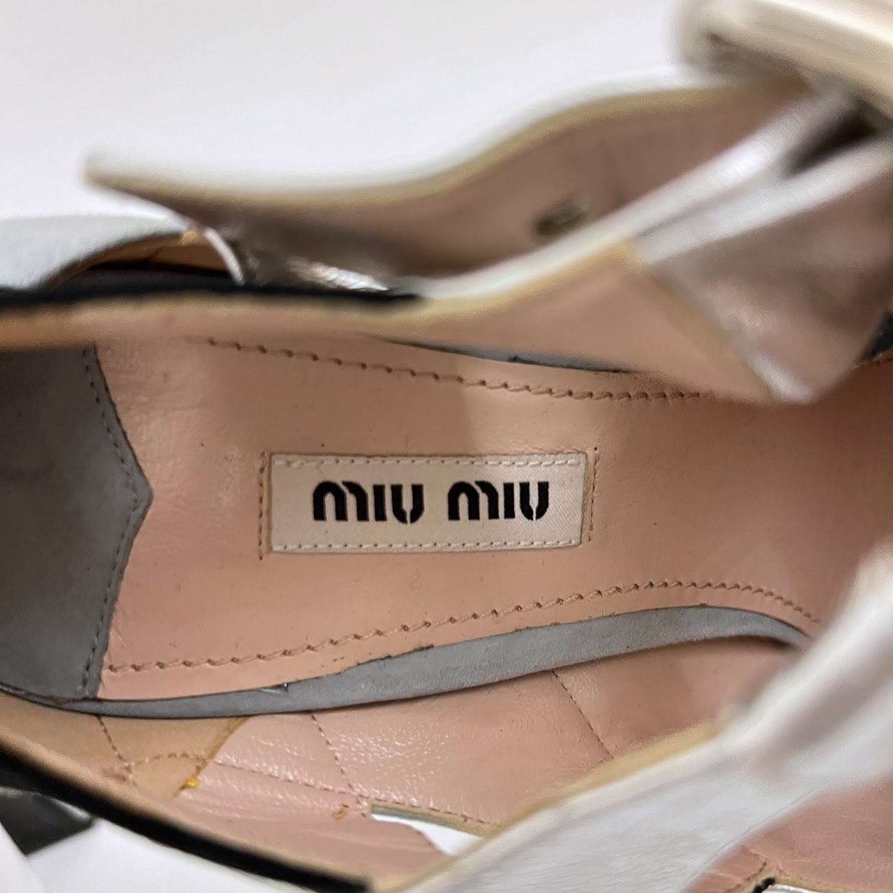 Miu Miu Tri-Color Leather and Suede Peep-Toe T-Strap Heels