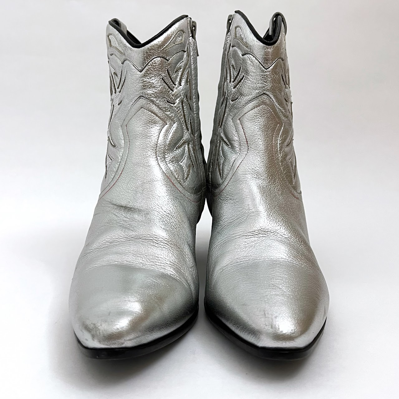 Yves Saint Laurent Silver Leather Rock 40 Cowboy Ankle Boots