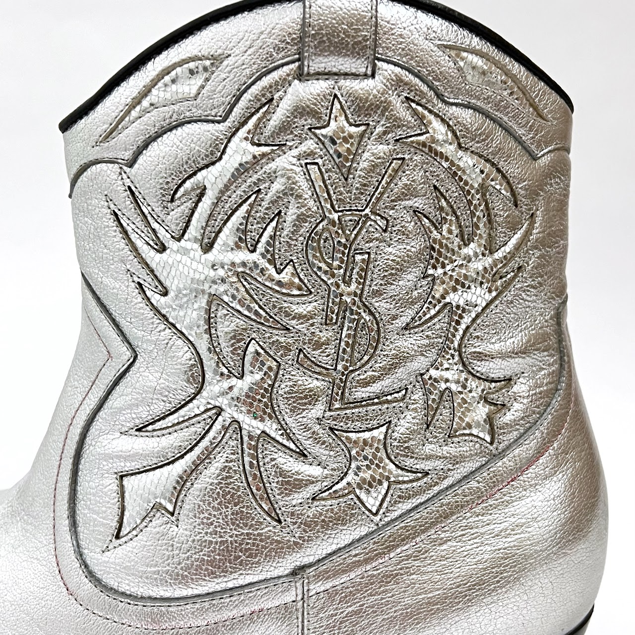 Yves Saint Laurent Silver Leather Rock 40 Cowboy Ankle Boots