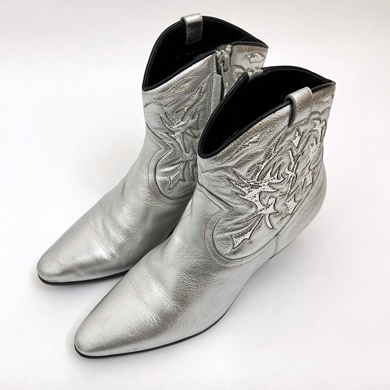 Yves Saint Laurent Silver Leather Rock 40 Cowboy Ankle Boots