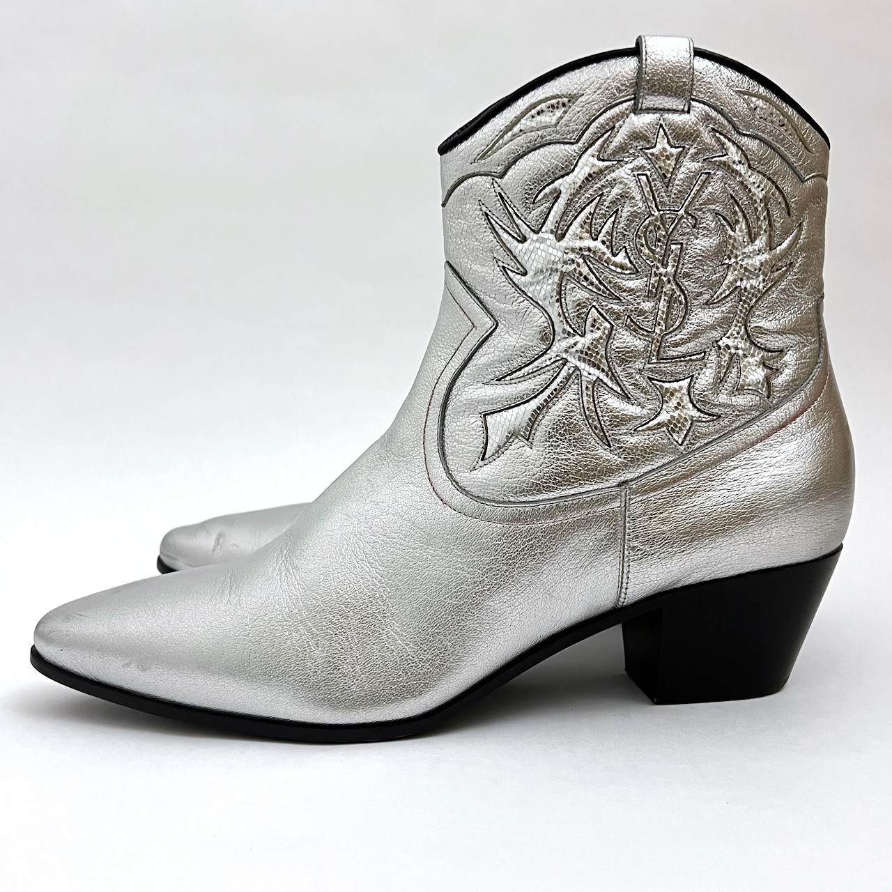 Yves Saint Laurent Silver Leather Rock 40 Cowboy Ankle Boots