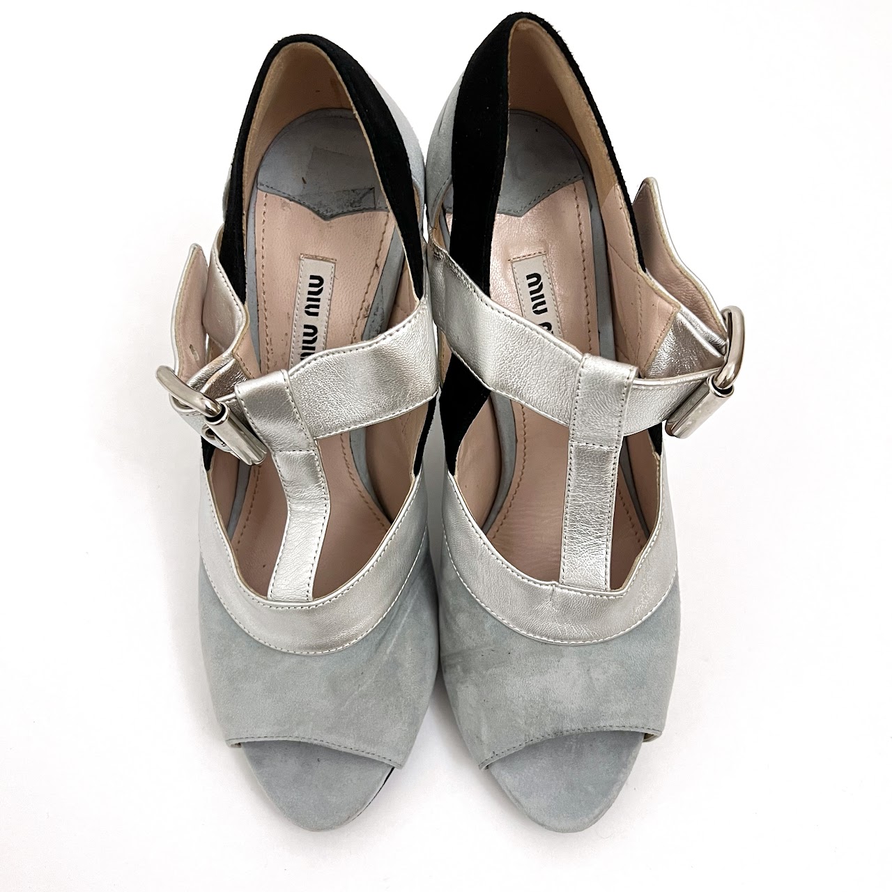 Miu Miu Tri-Color Leather and Suede Peep-Toe T-Strap Heels