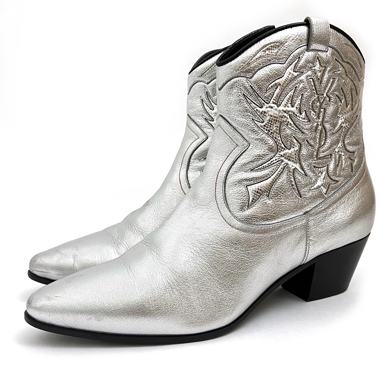 Yves Saint Laurent Silver Leather Rock 40 Cowboy Ankle Boots