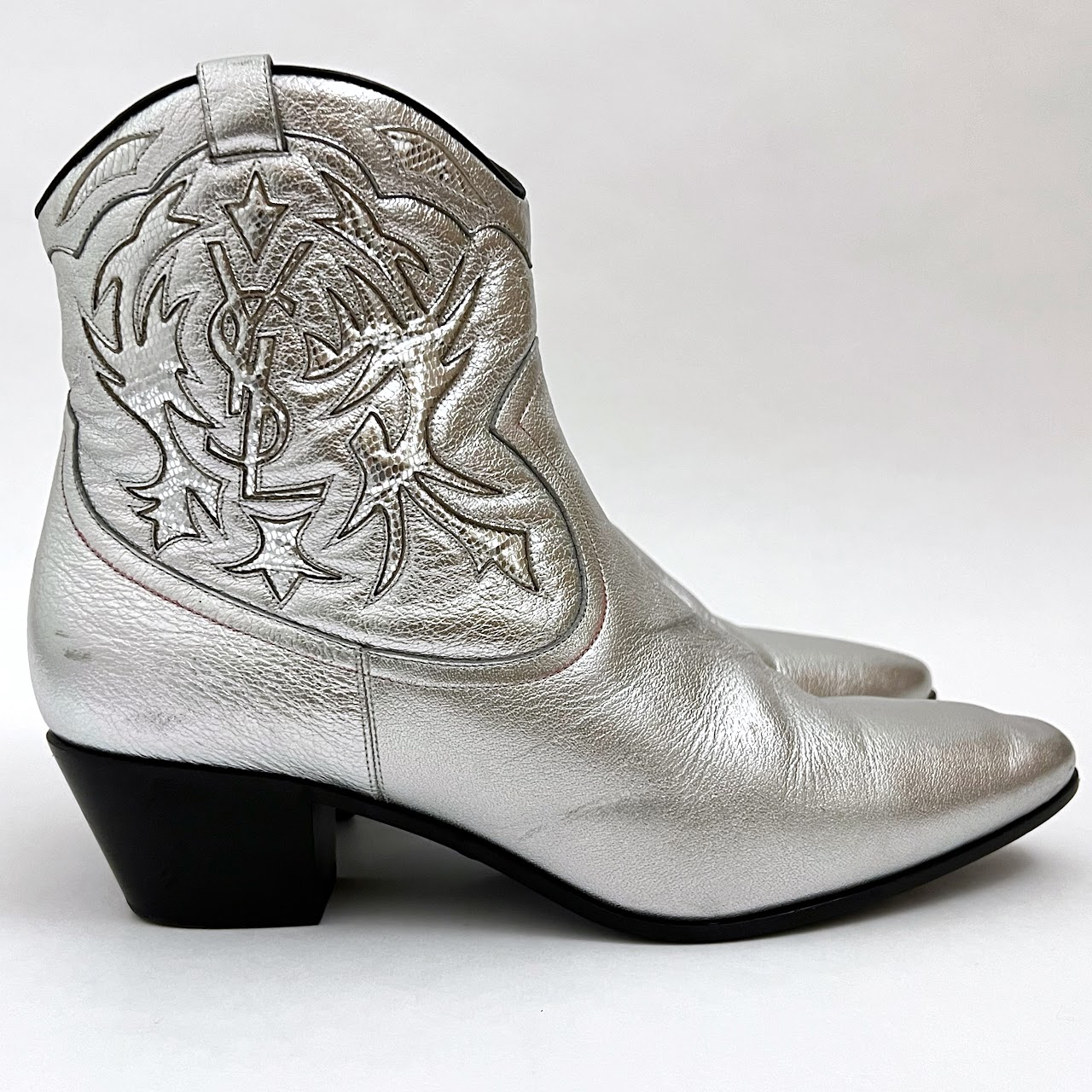 Yves Saint Laurent Silver Leather Rock 40 Cowboy Ankle Boots