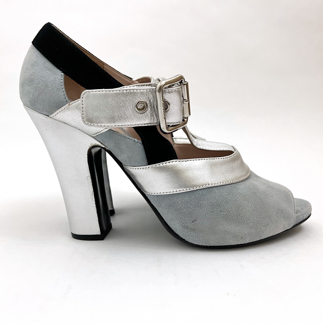 Miu Miu Tri-Color Leather and Suede Peep-Toe T-Strap Heels