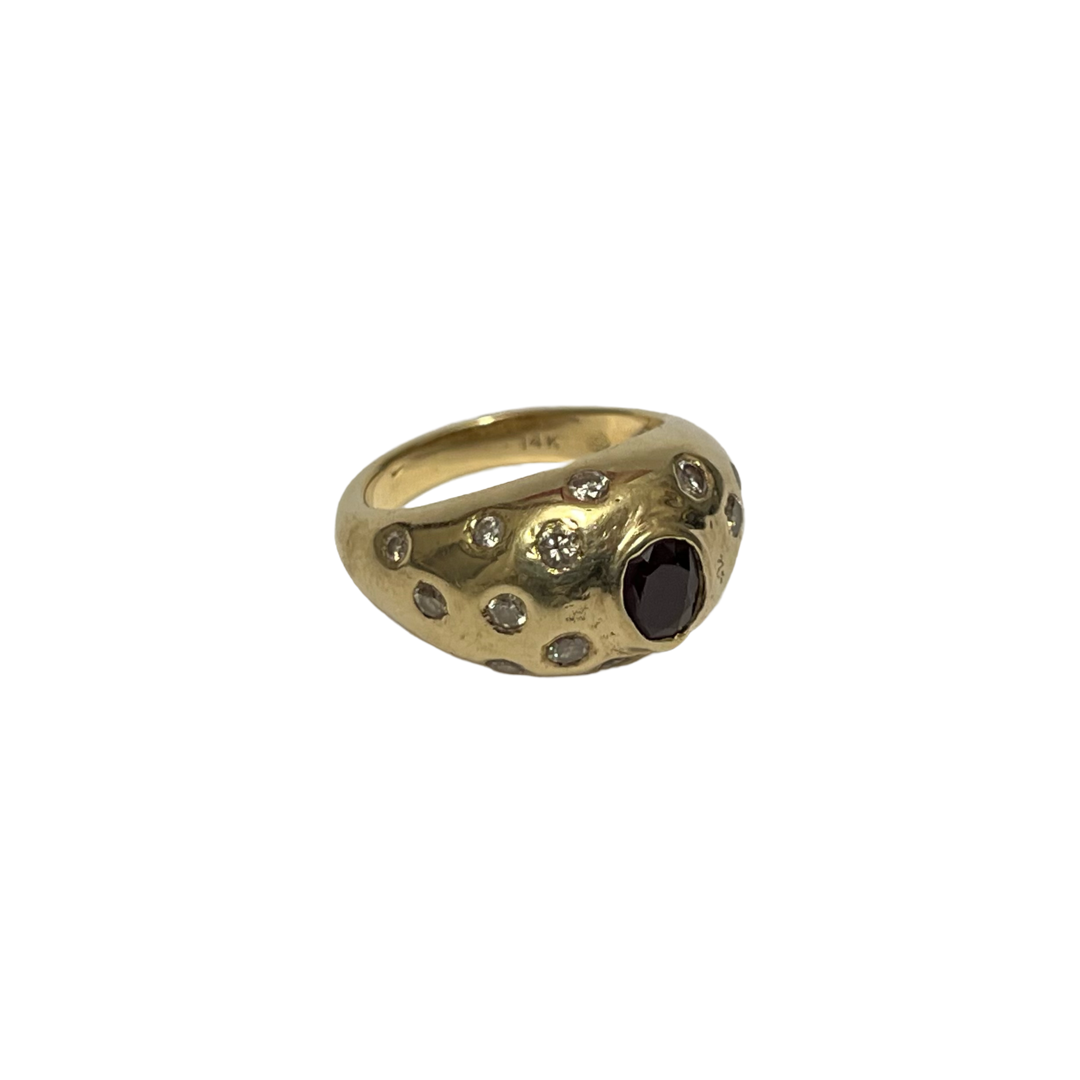 14K Gold, Diamond and Red Gemstone Ring