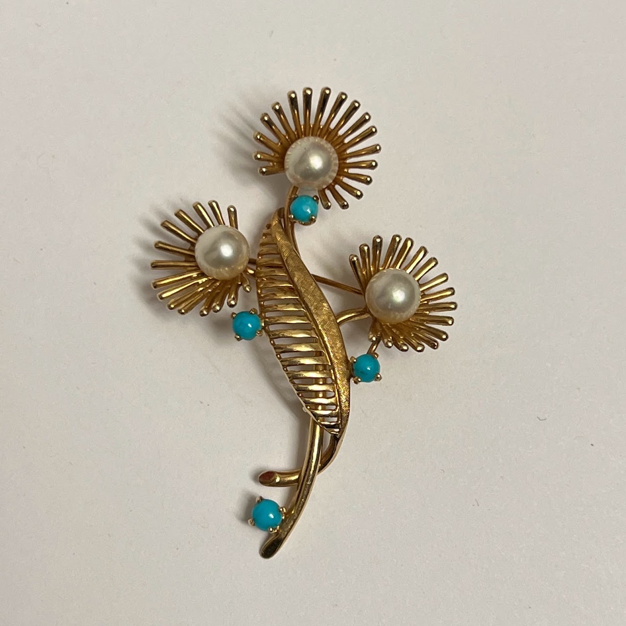 14K Gold, Pearl and Turquoise Art Deco Brooch