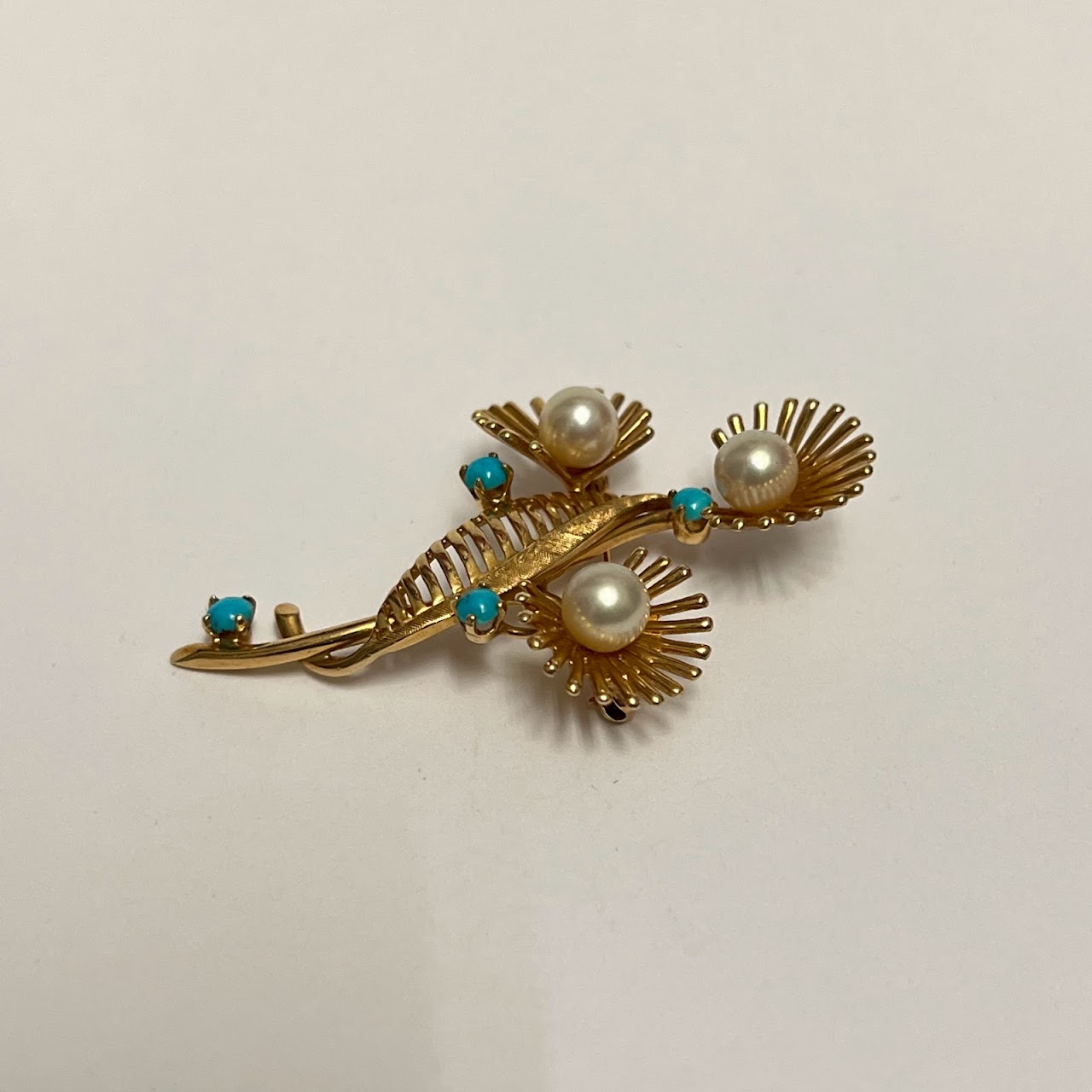 14K Gold, Pearl and Turquoise Art Deco Brooch