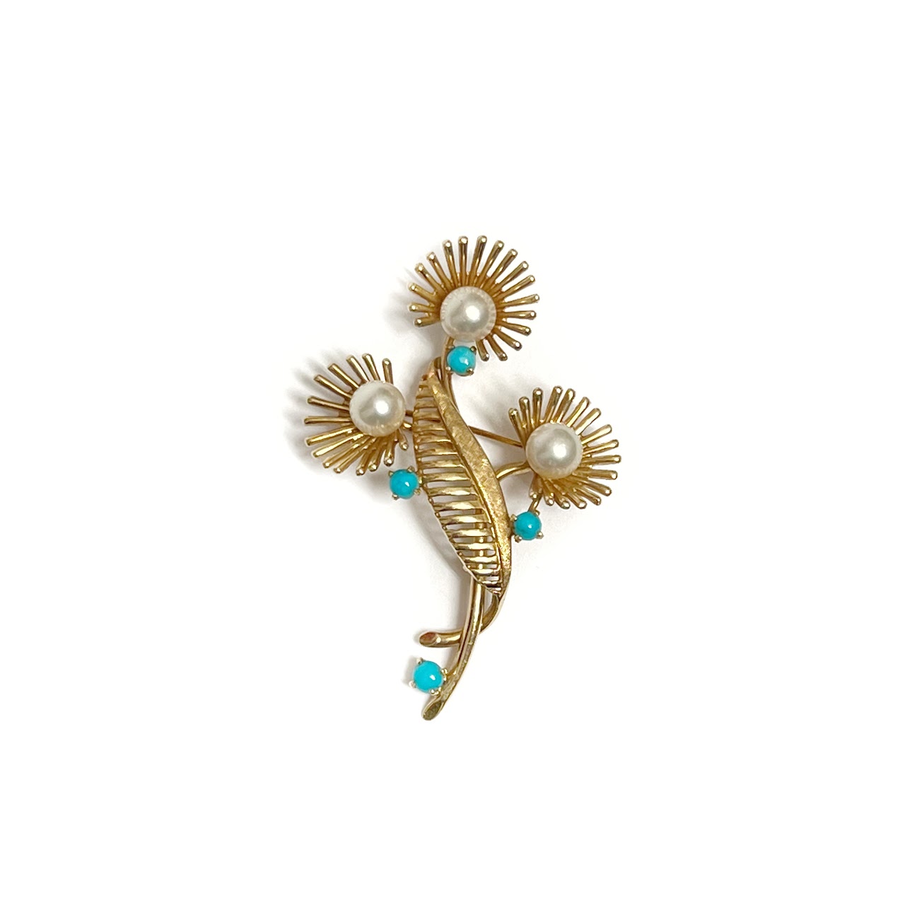 14K Gold, Pearl and Turquoise Art Deco Brooch