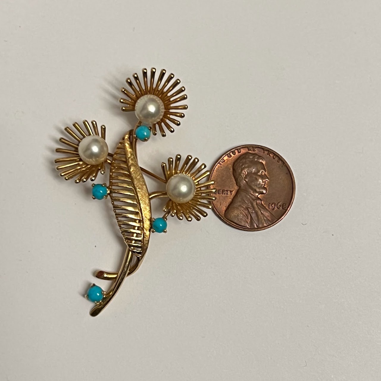 14K Gold, Pearl and Turquoise Art Deco Brooch