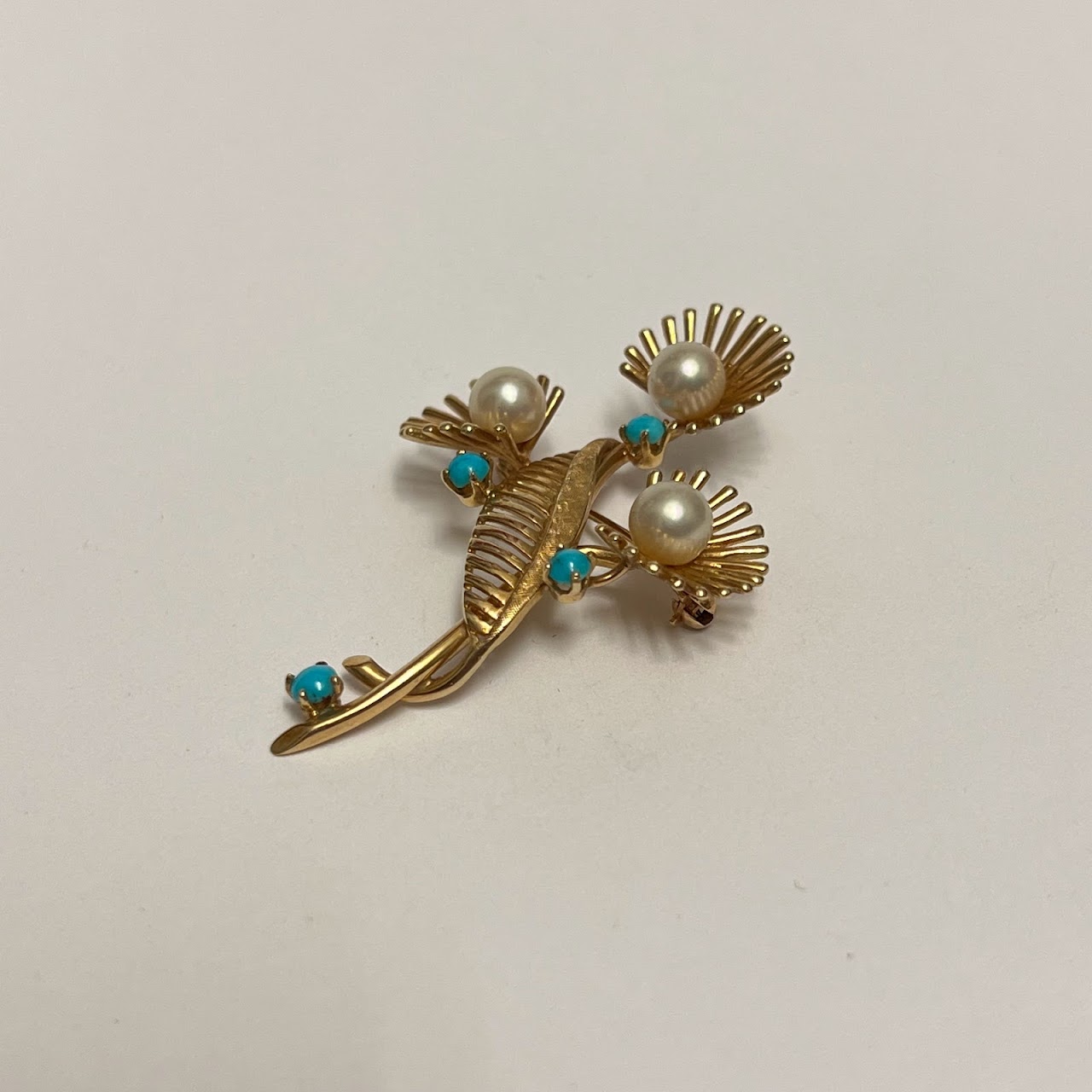 14K Gold, Pearl and Turquoise Art Deco Brooch