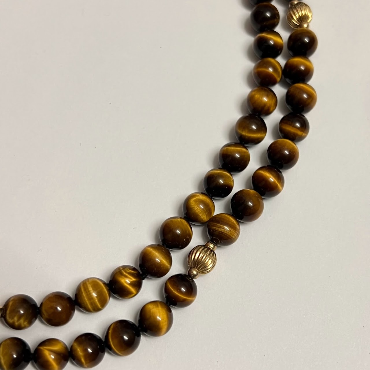 14K Gold and Tiger Eye Long Beaded Necklace