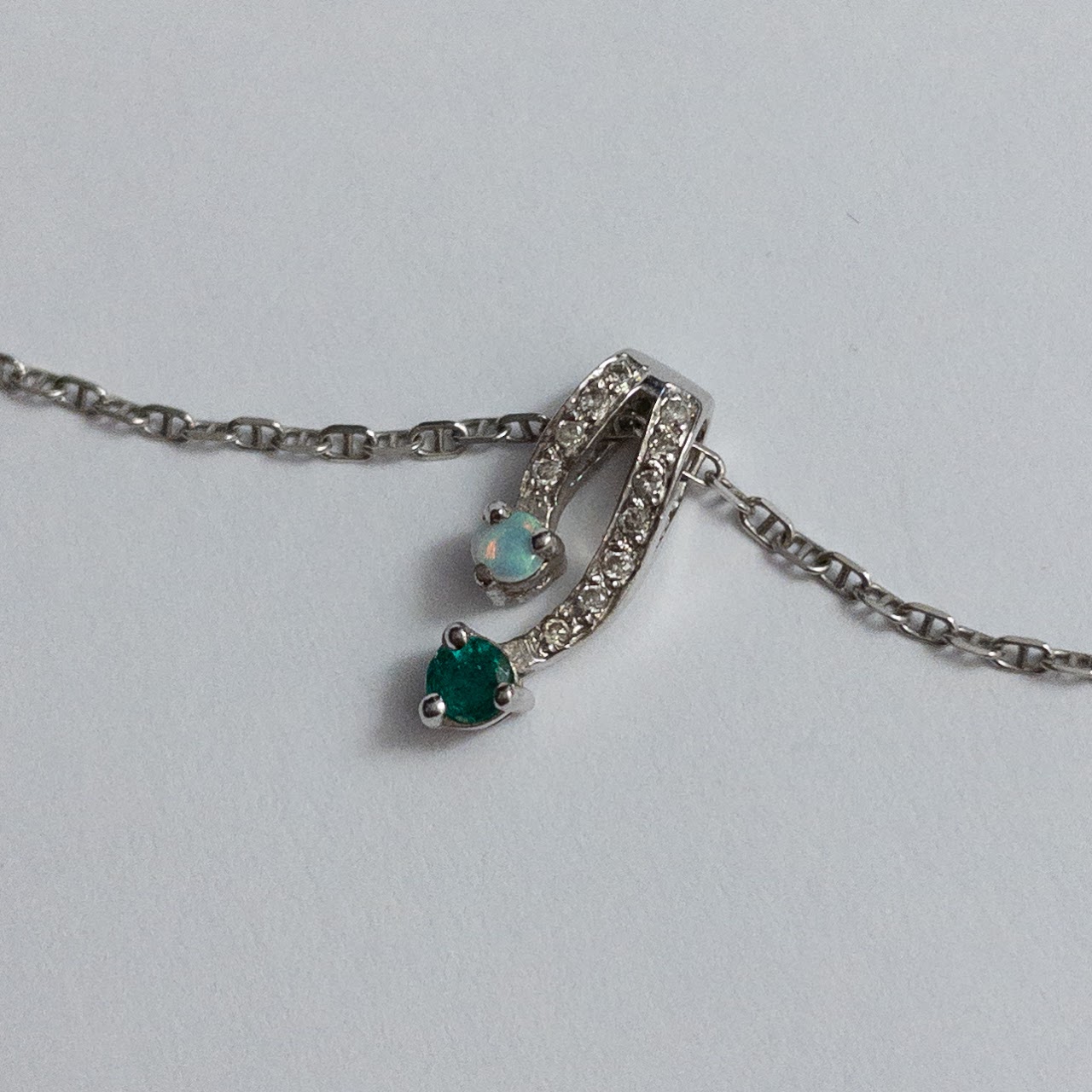 14K White Gold, Opal, Diamond, and Green Stone Pendant Necklace