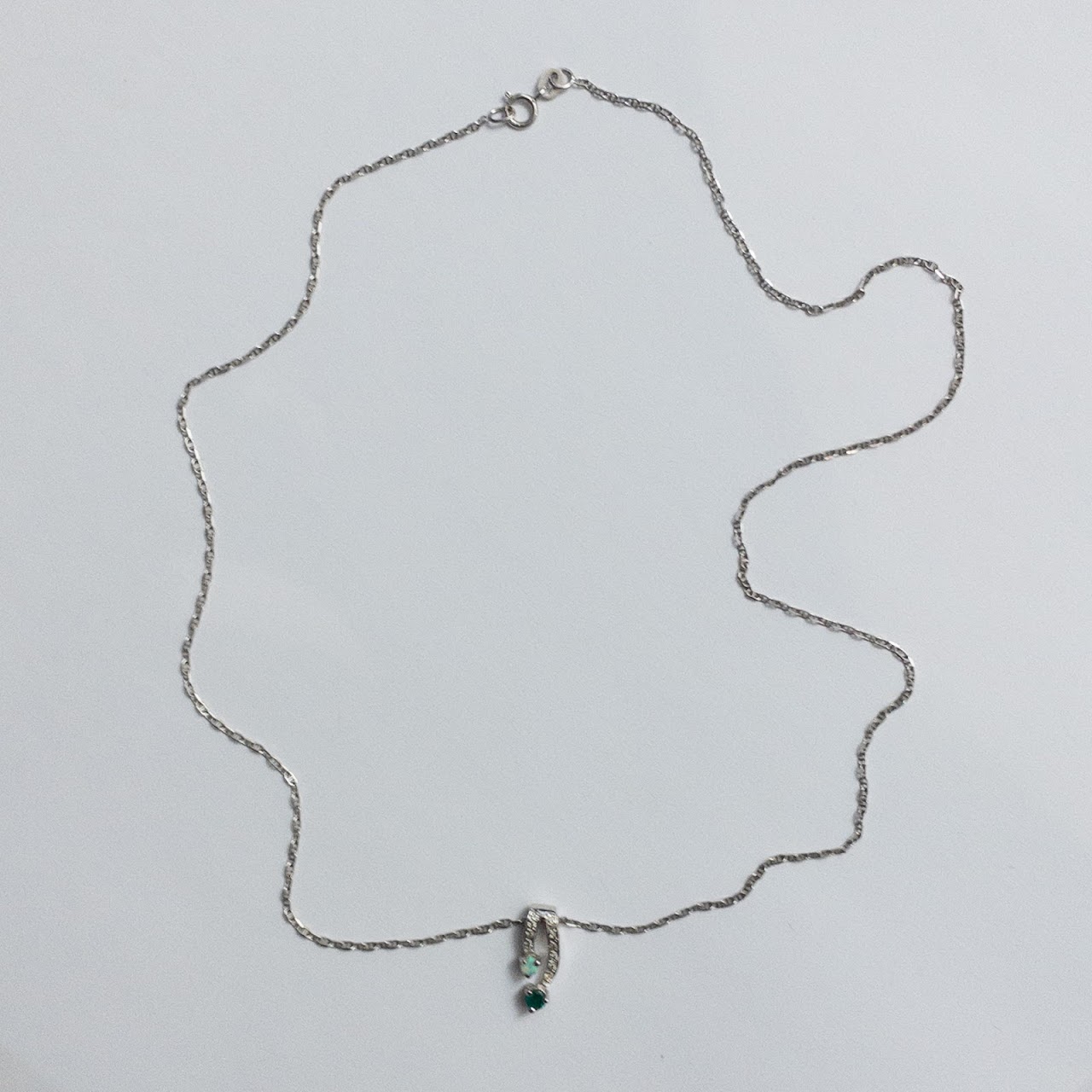 14K White Gold, Opal, Diamond, and Green Stone Pendant Necklace