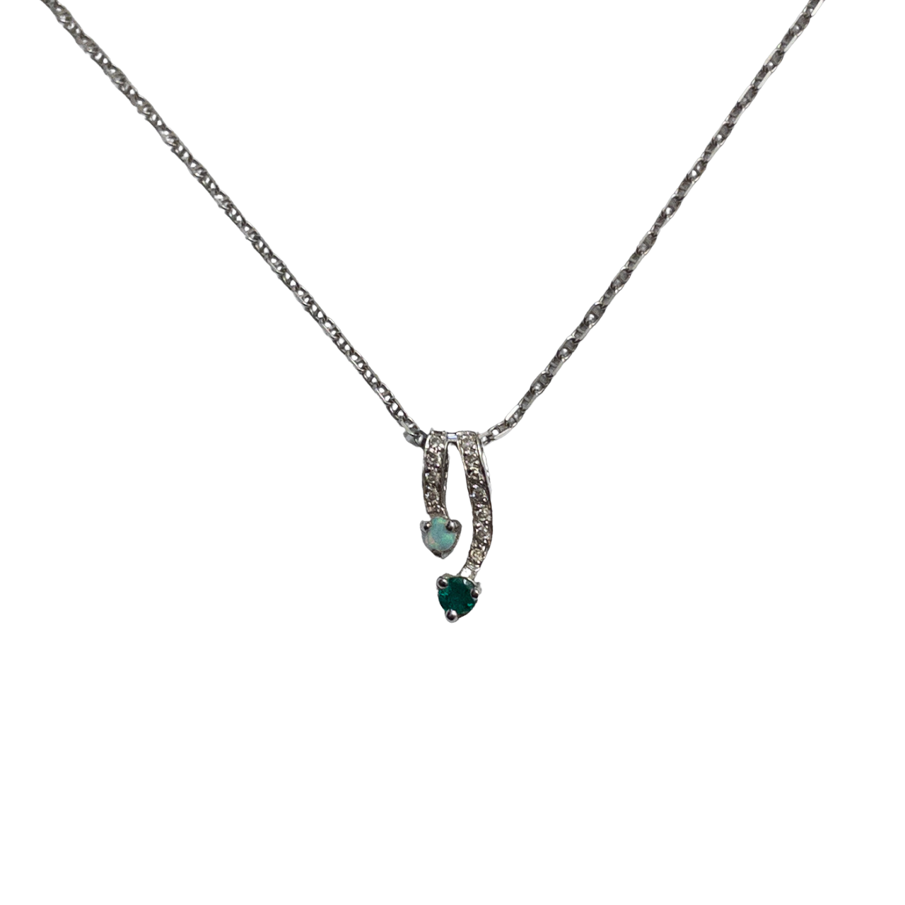 14K White Gold, Opal, Diamond, and Green Stone Pendant Necklace