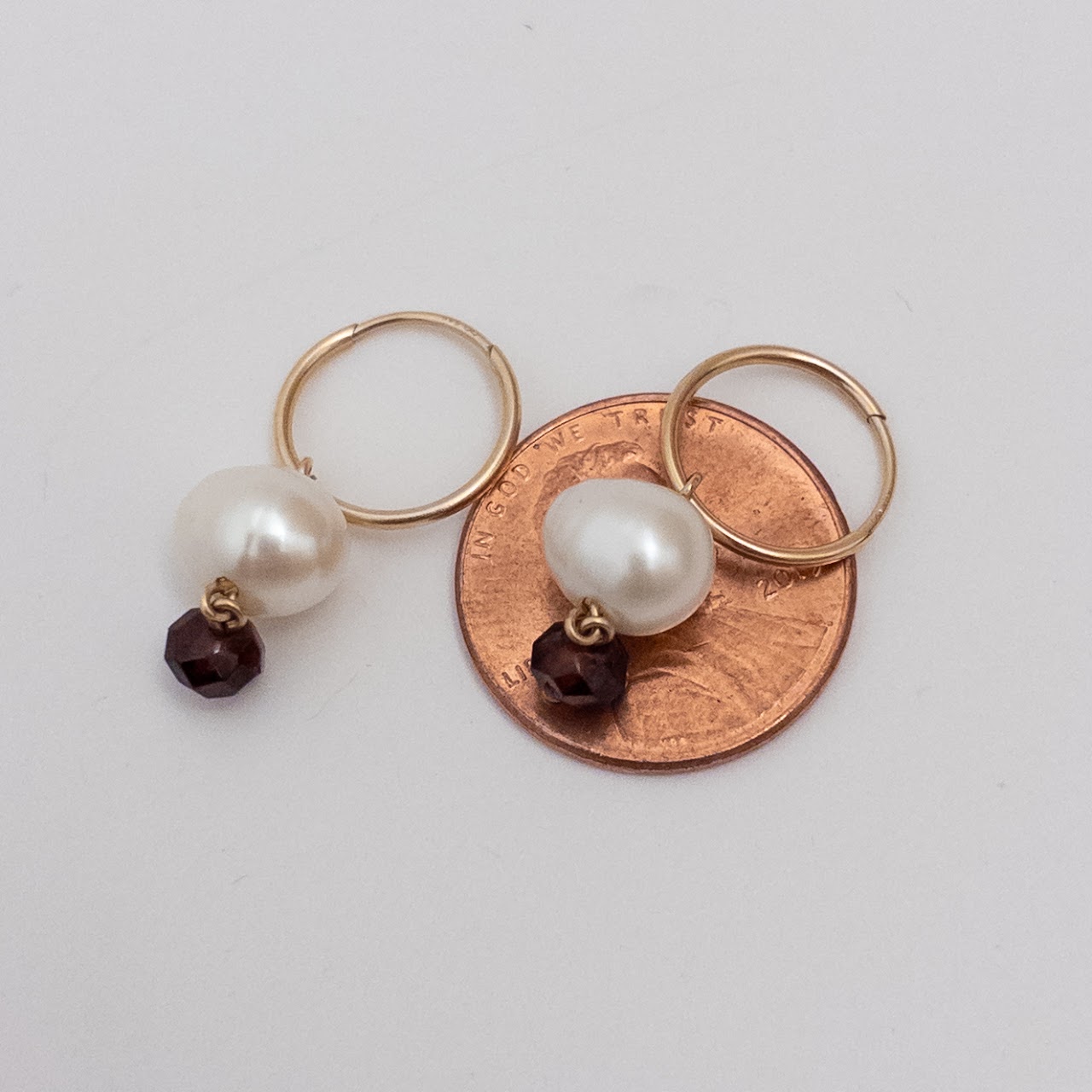 14K Gold, Freshwater Pearl and Garnet Pendant Hoop Earrings