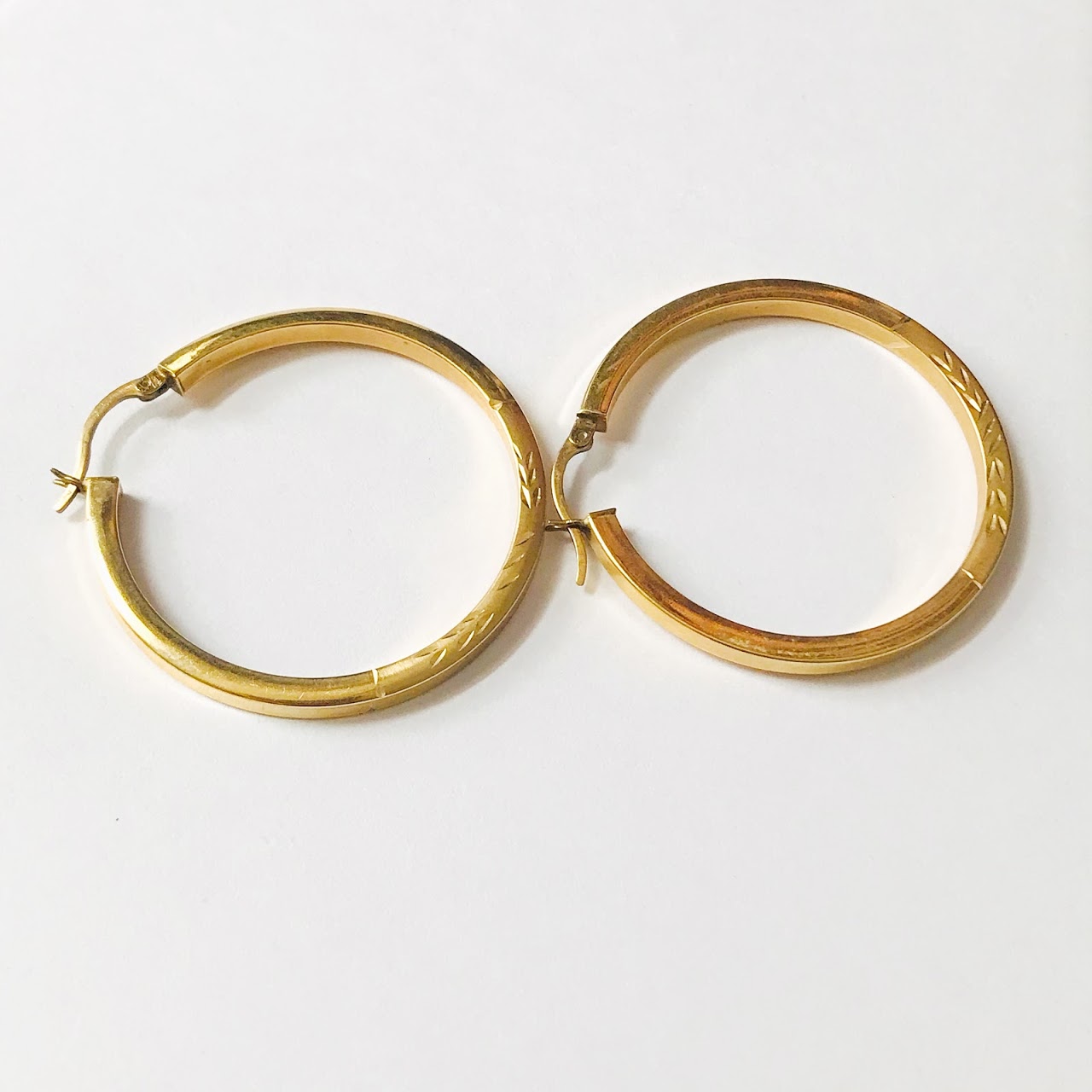 14K Gold Etched Leaf Hoop Earrings