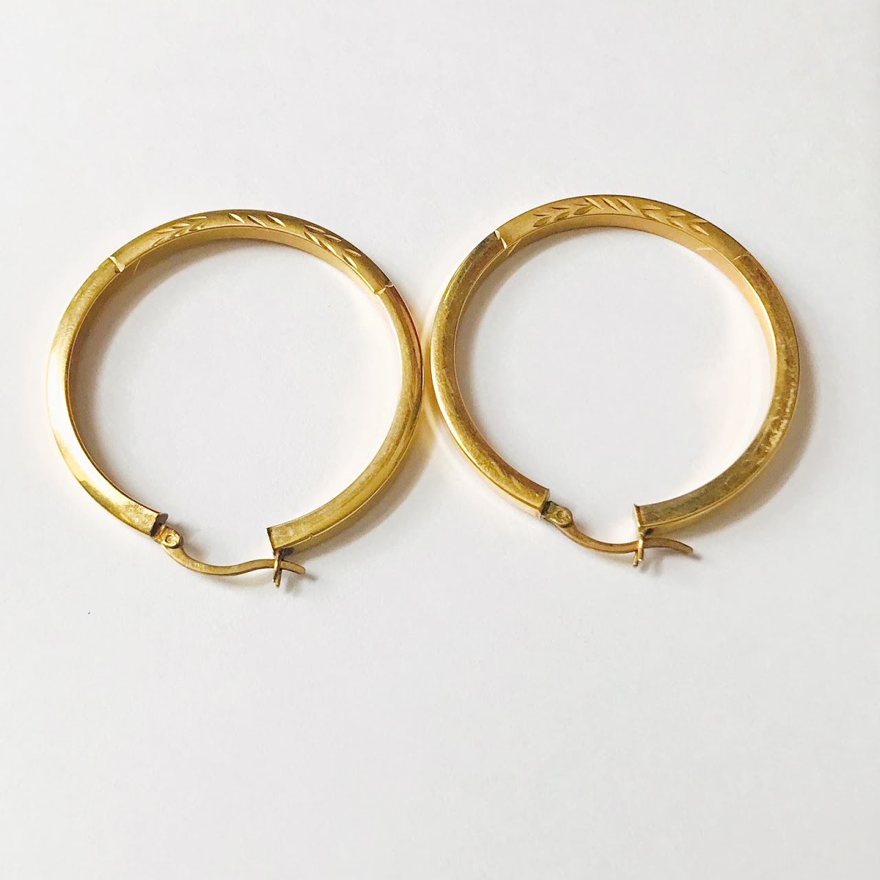 14K Gold Etched Leaf Hoop Earrings