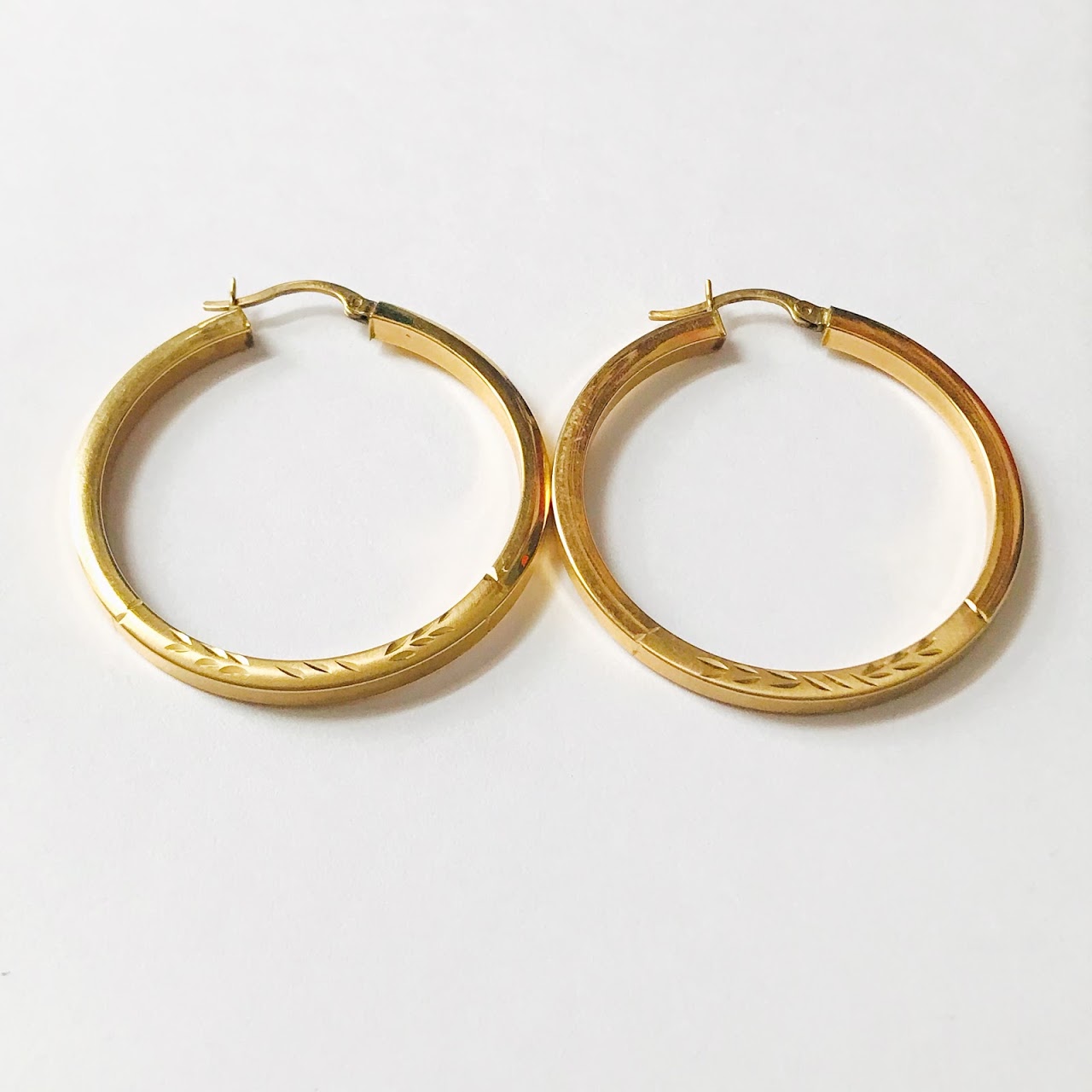 14K Gold Etched Leaf Hoop Earrings