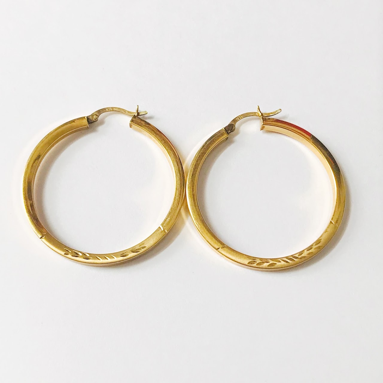 14K Gold Etched Leaf Hoop Earrings