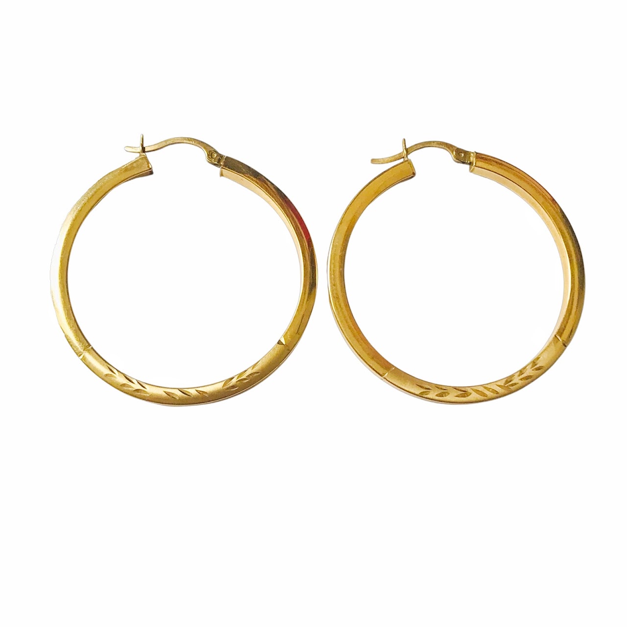 14K Gold Etched Leaf Hoop Earrings