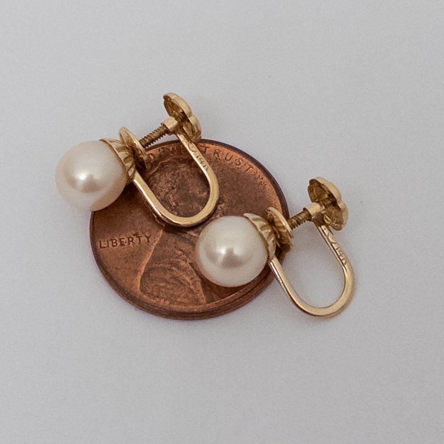 14K Gold and Faux Pearl Screw-Back Earrings