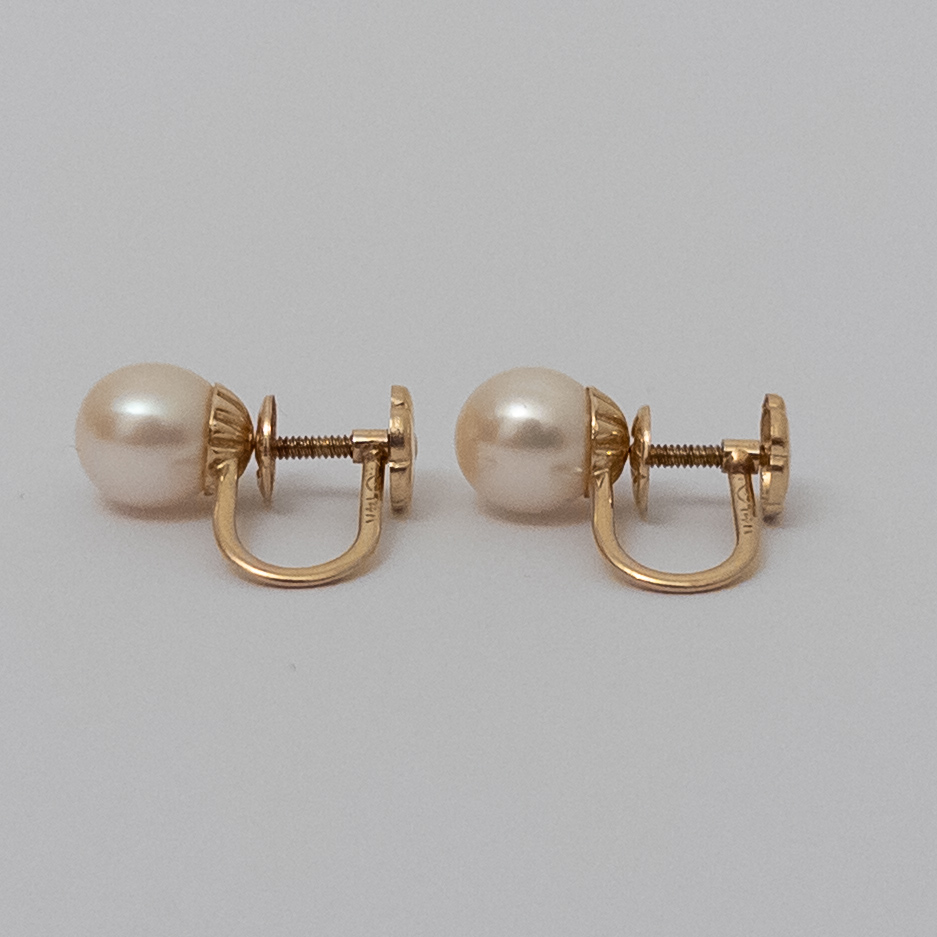 14K Gold and Faux Pearl Screw-Back Earrings