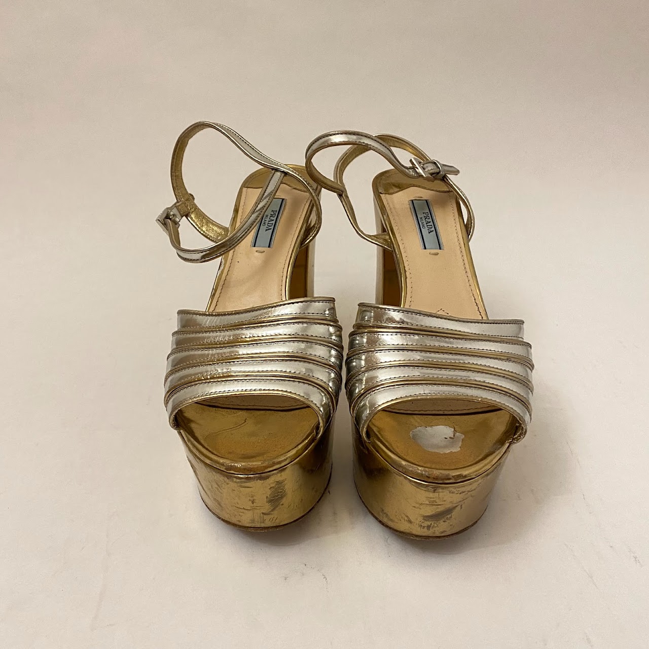 Prada Two Tone Metallic Platform Sandals