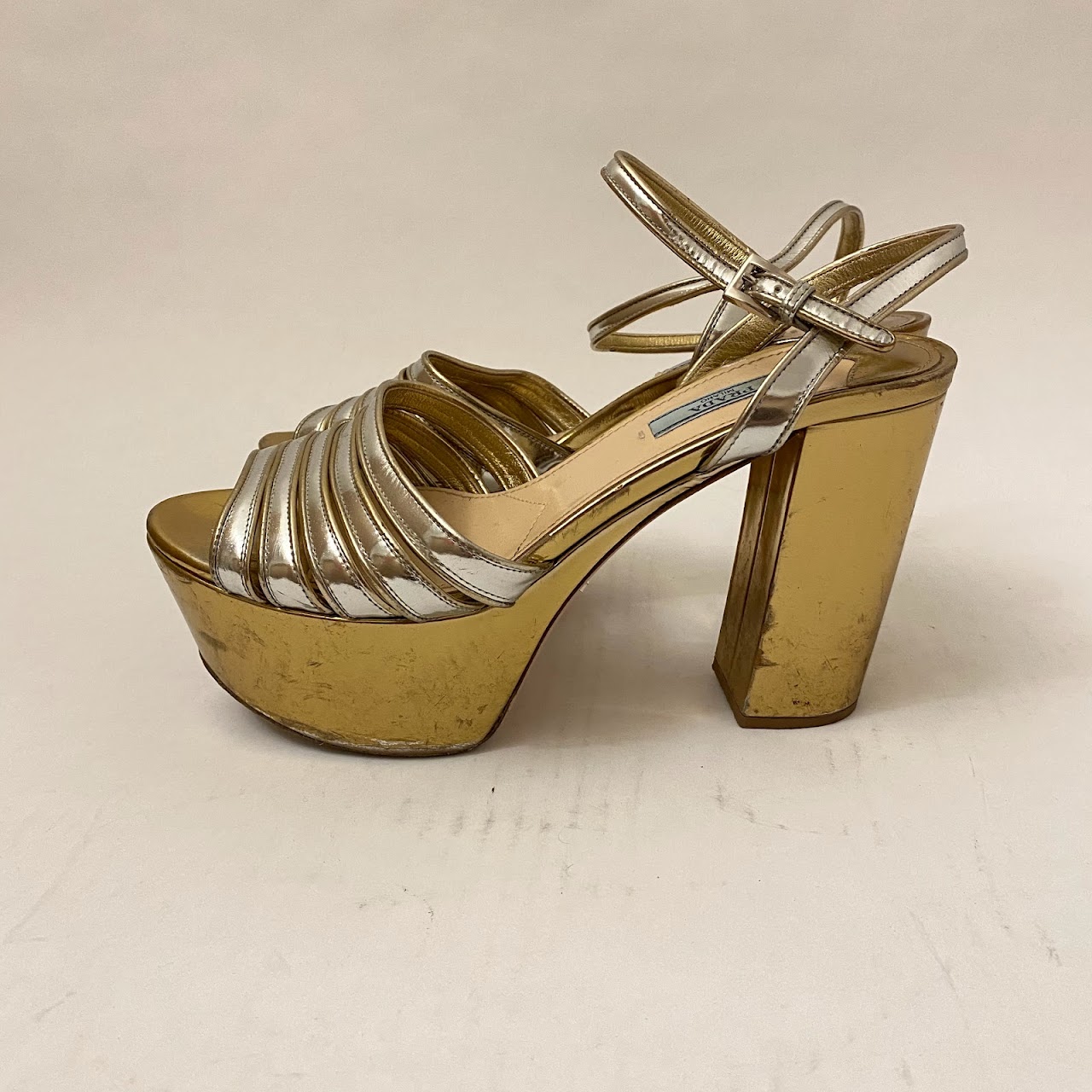 Prada Two Tone Metallic Platform Sandals